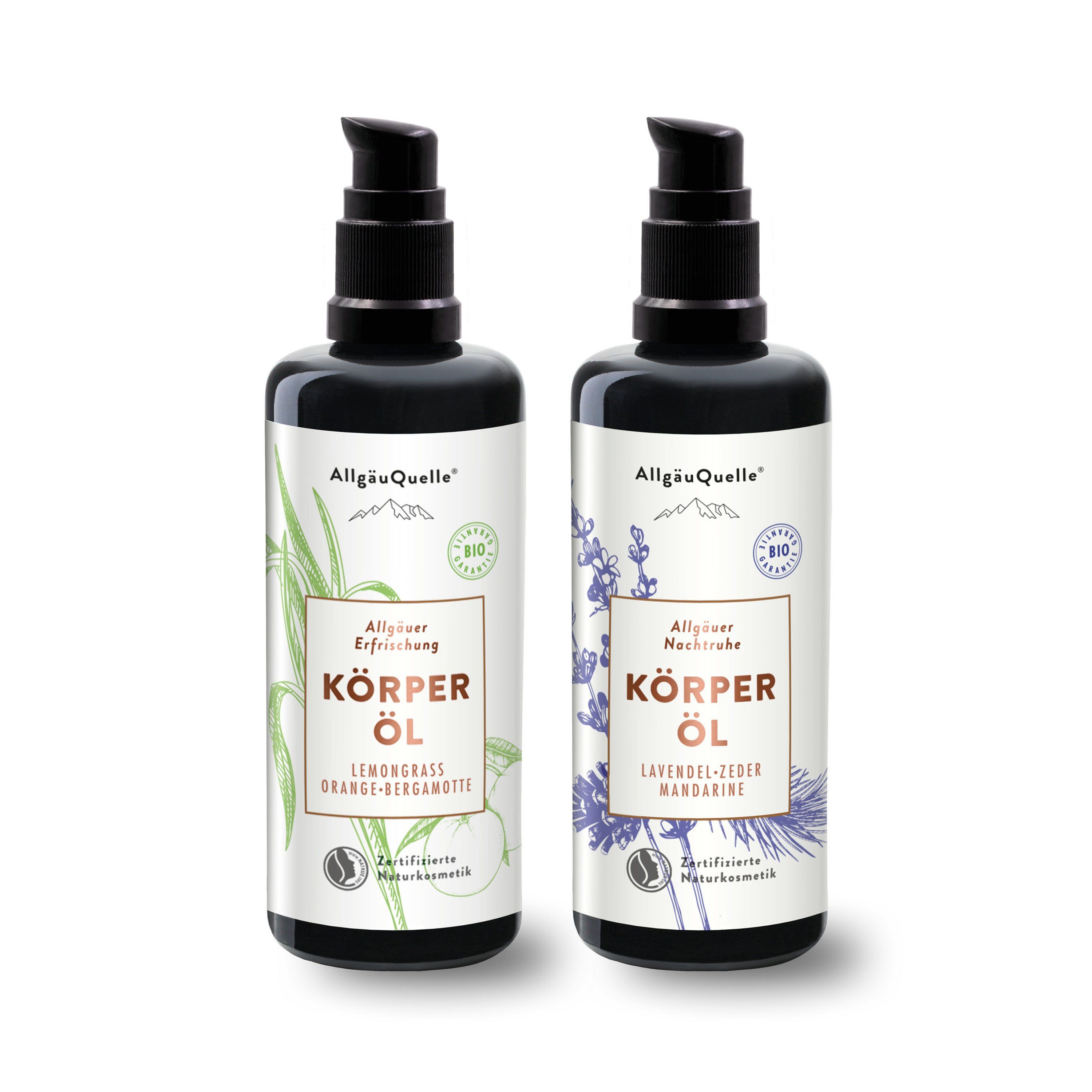 AllgäuQuelle BIO Körperöl-Set mit 100% Bio ätherische Öle Lemongrass, Orange und Lavendel, Zeder