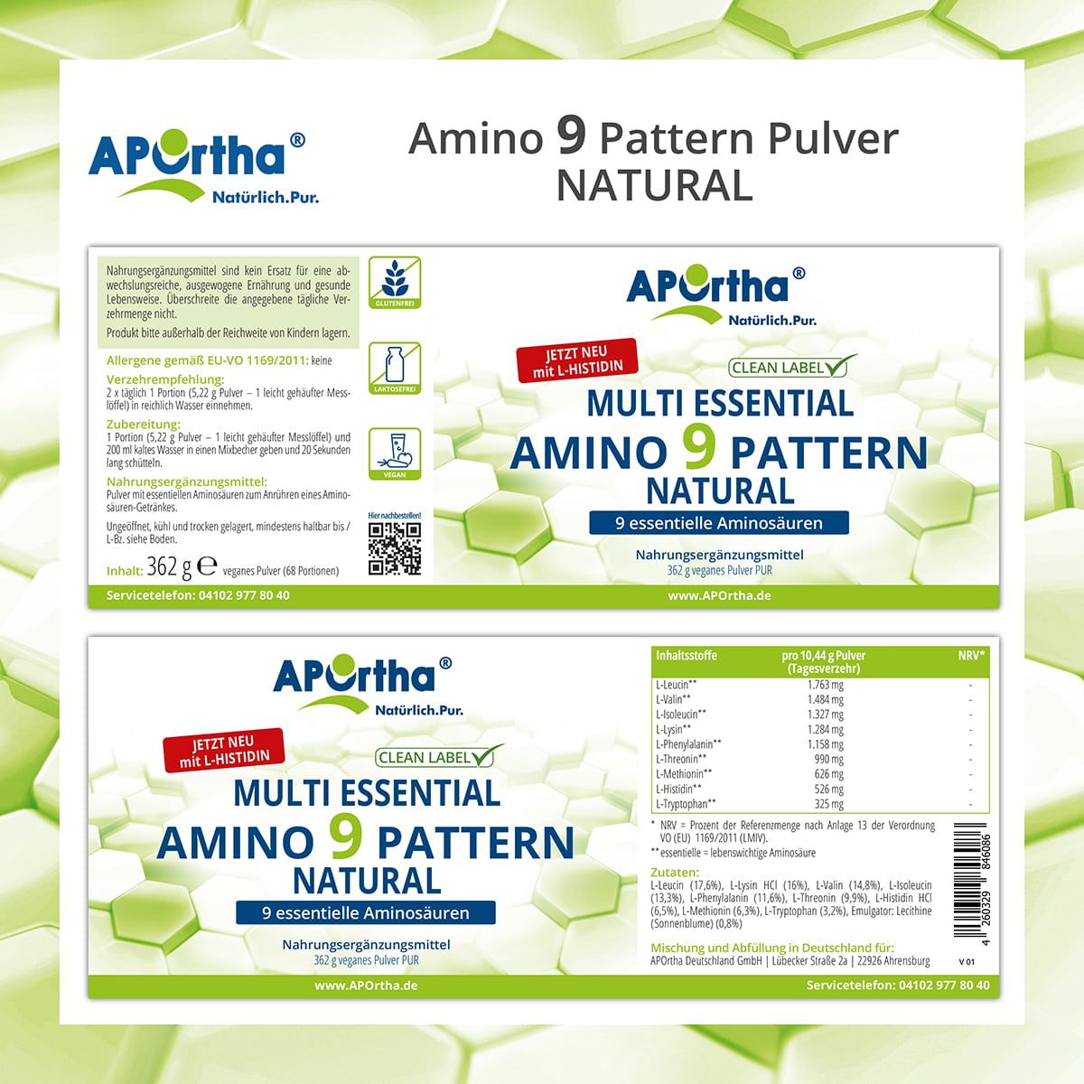 Etikett von APOrtha® Amino-9-Pattern Pulver. Enthält Informationen zu Inhaltsstoffen, Dosierung und Nährwerten.