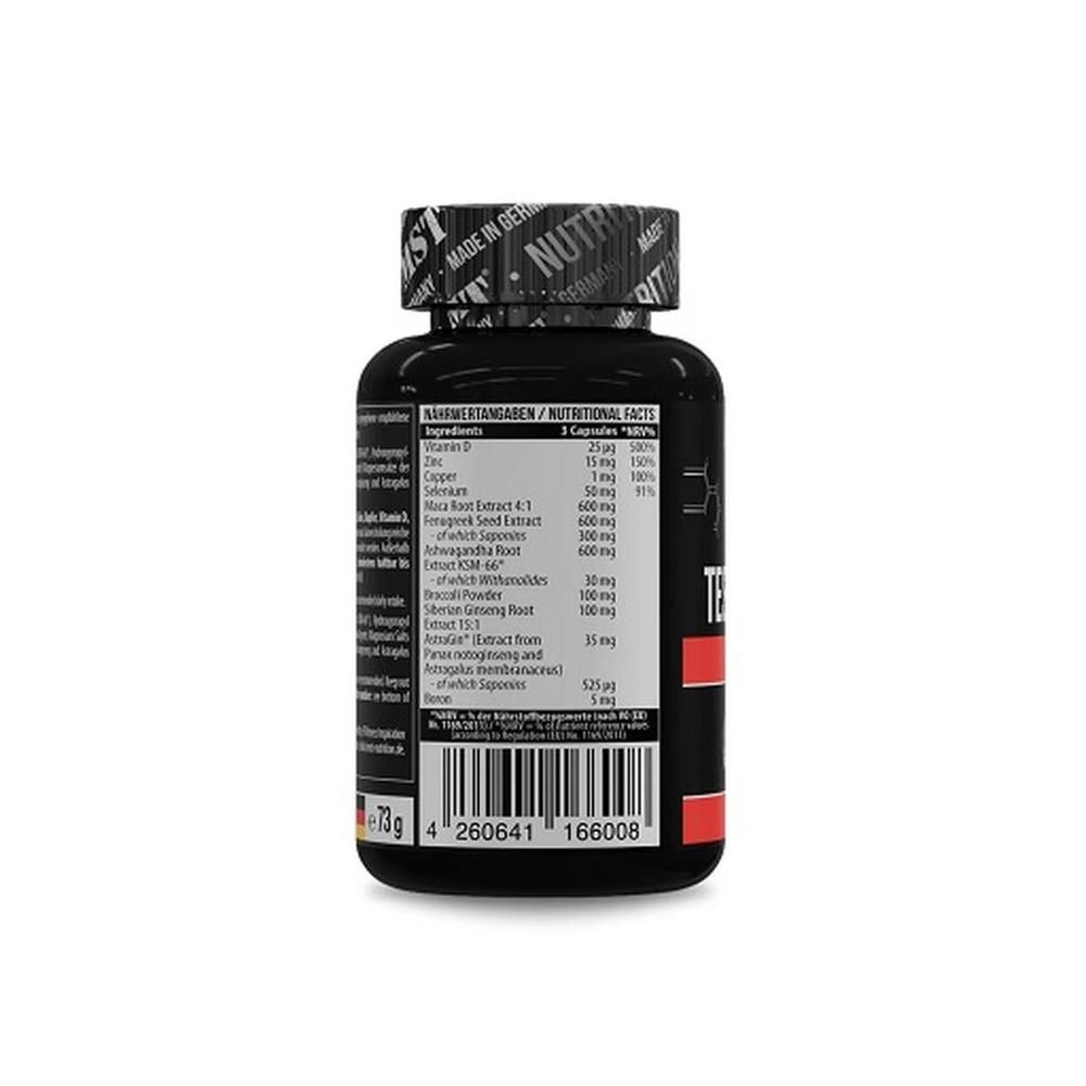 Rückseite der schwarzen Kapsel-Dose. Auflistung der Nährwertangaben pro 3 Kapseln. Enthält Informationen zu Vitaminen und Mineralstoffen. Barcode.