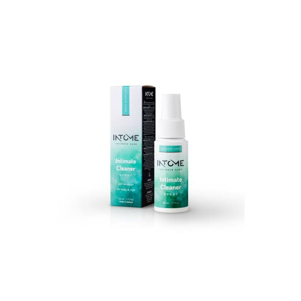 Intome Intimreiniger-Spray und Verpackung. Weißer Sprühflakon und Schachtel mit türkisfarbenem Design. Text: Intome, Intimate Care.