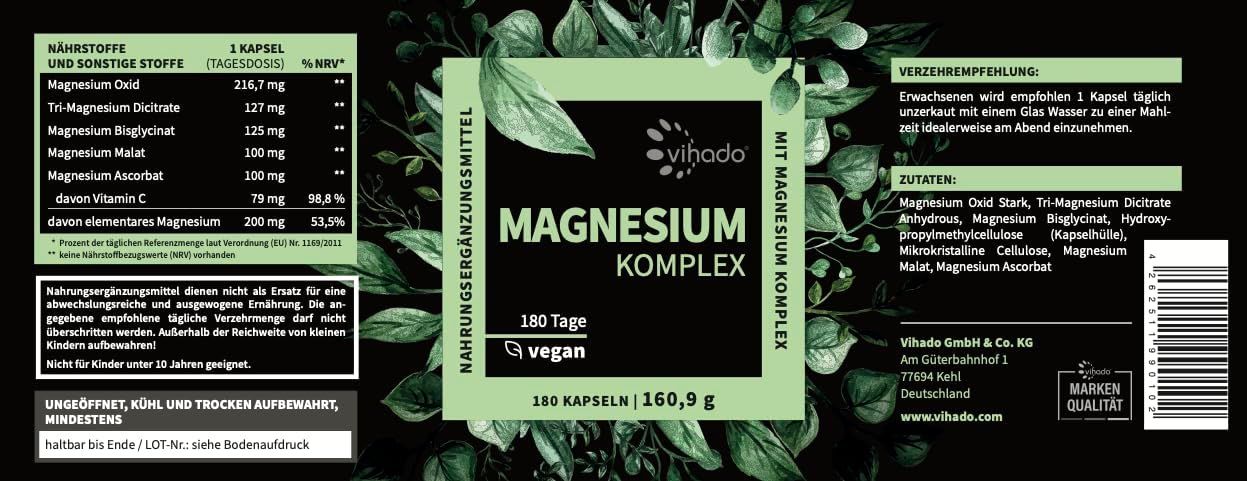 Rückseite Magnesium Komplex Dose: Nährwerte, Inhaltsstoffe, Herstellung.