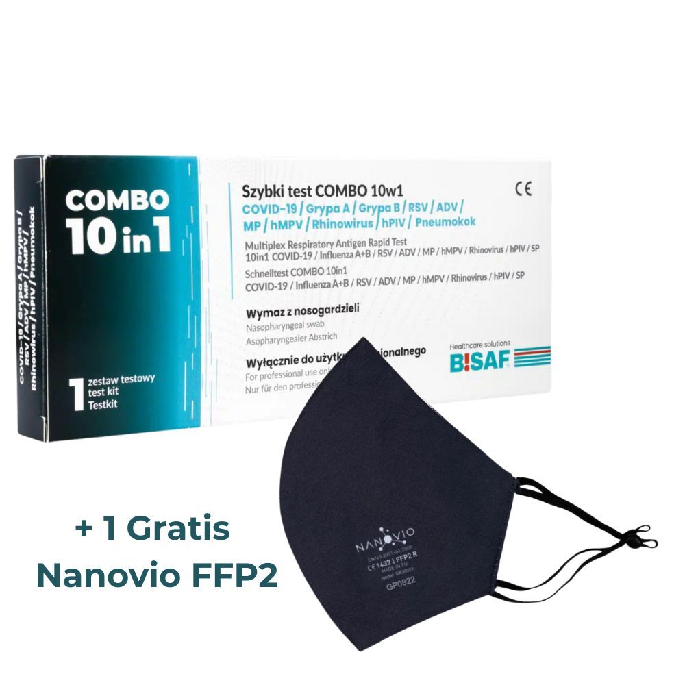 Testkit-Box, Maske, Text: '+1 Gratis Nanovio FFP2'. Marke: BISAF. CE-Kennzeichnung.