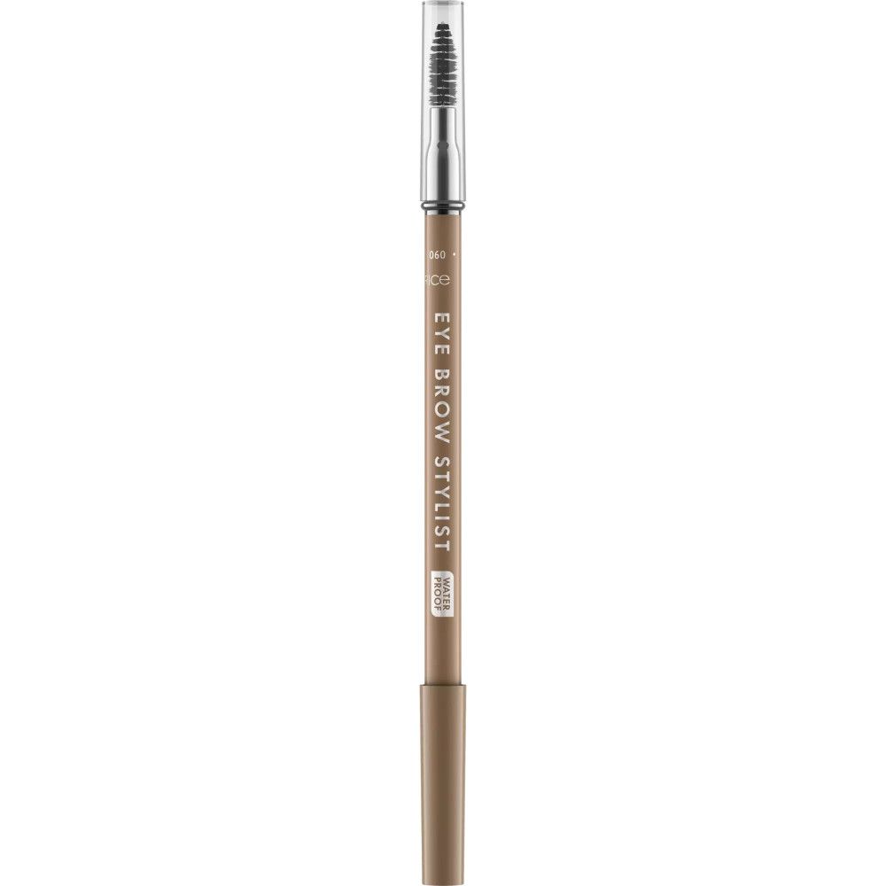 Ein heller Braunton-Augenbrauenstift mit Bürste. Der Stift hat die Aufschrift 'EYE BROW STYLIST' und 'WATER PROOF'.