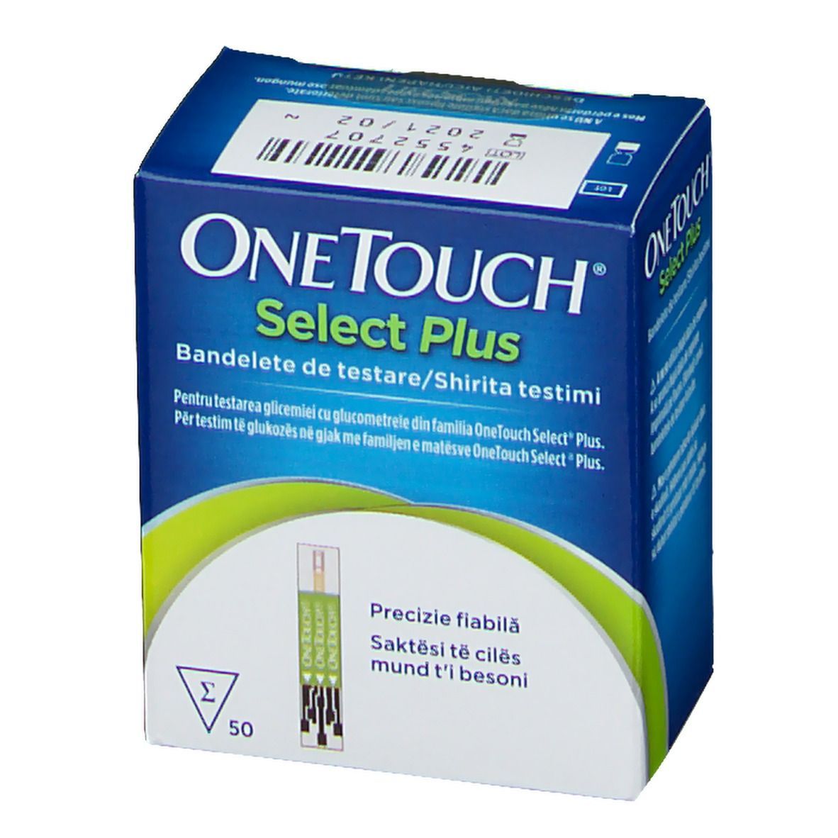 Blau-weiße Schachtel "OneTouch Select Plus" mit Text. Enthält 50 Teststreifen. Mehrsprachige Beschriftung.