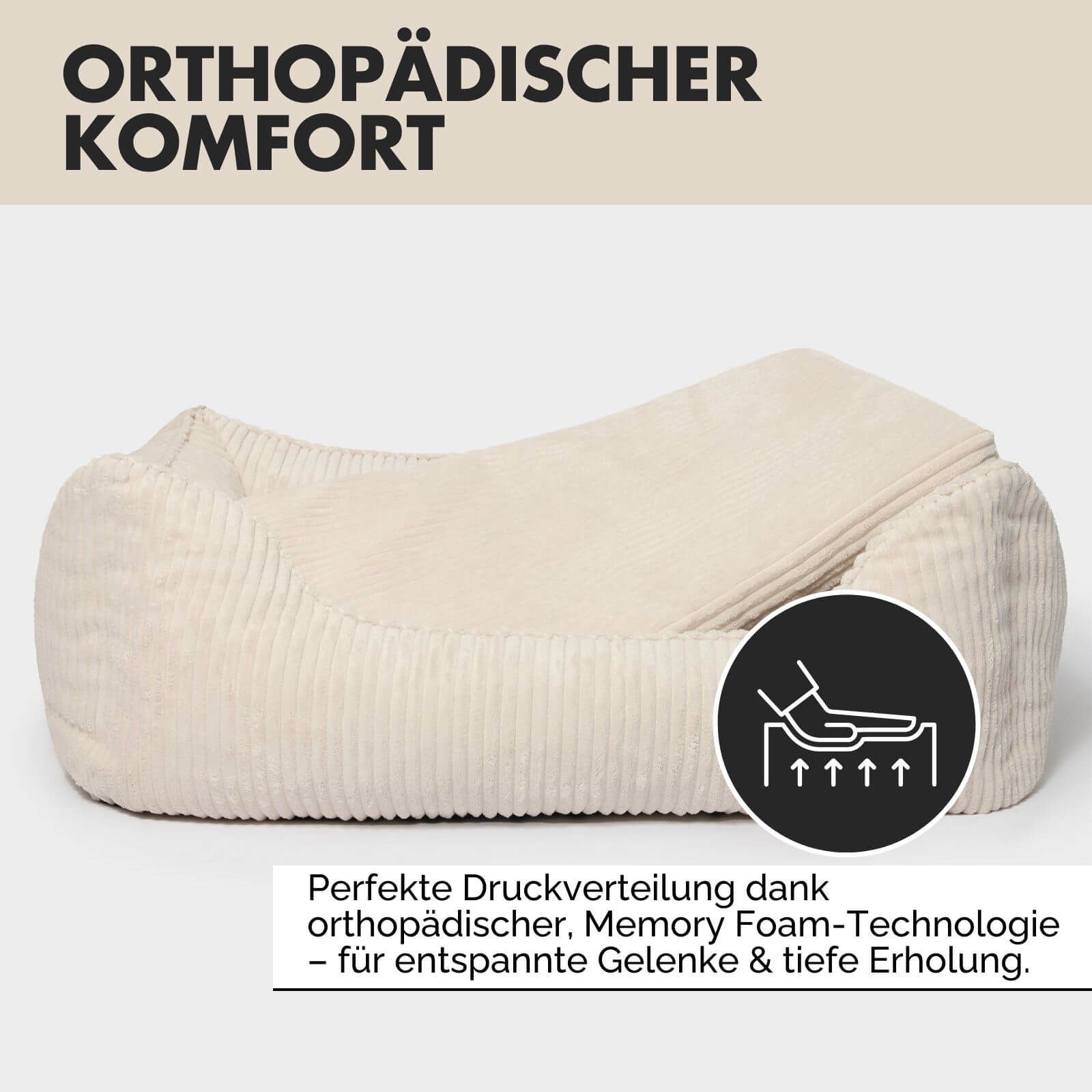Beiges Hundebett mit Kordstruktur. Text: Orthopädischer Komfort. Illustration: Person auf Bett.