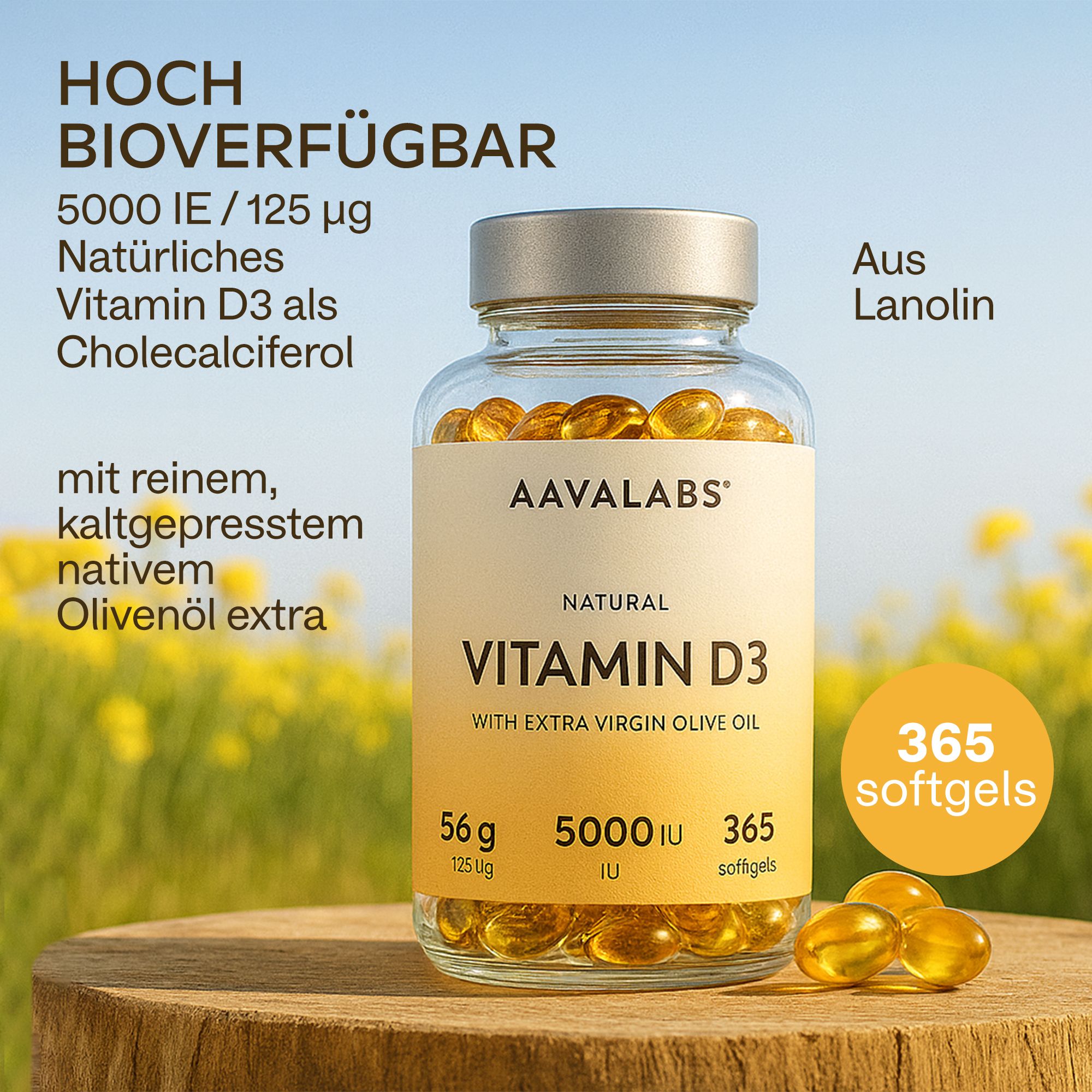 Flasche mit Vitamin D3-Kapseln. Text: AAVALABS, Vitamin D3, 5000 IE, 365 Softgels. Auf Holzstamm.