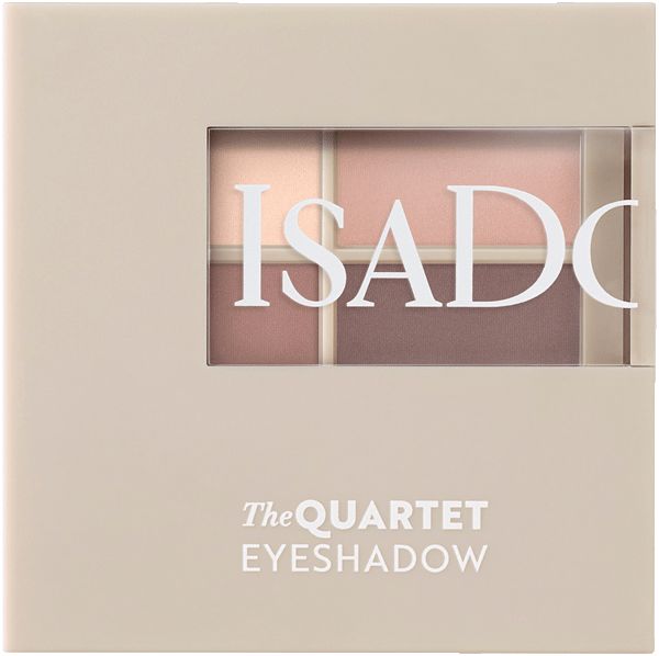 Lidschatten-Quartett in beiger Verpackung. Vier Farbtöne sichtbar. Marke: IsaDora. Text: The Quartet Eyeshadow.