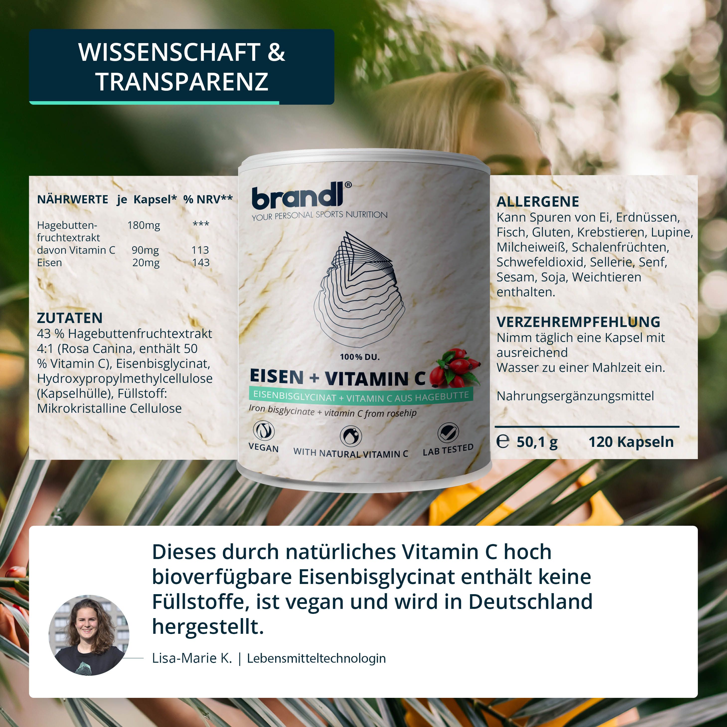 brandl® Eisen (aus Eisenbisglycinat) und Vitamin C aus der Hagebutte