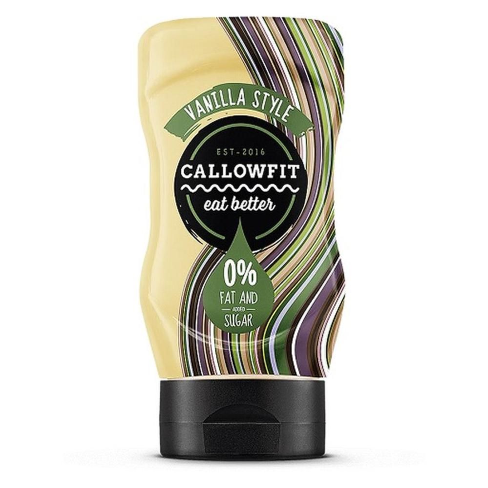 Beige Sauce-Flasche mit schwarzem Deckel. Aufschrift: Callowfit, 0% Fett und Zucker, Vanilla Style. Eat better. Ohne Fett und Zucker.