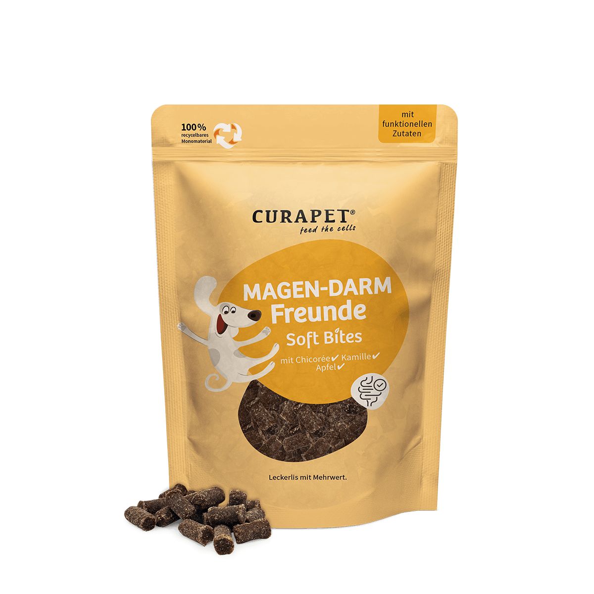 Beutel mit CURAPET Magen-Darm Freunde Soft Bites. Braune, zylindrische Snacks liegen davor. Aufschrift: mit funktionellen Zutaten.