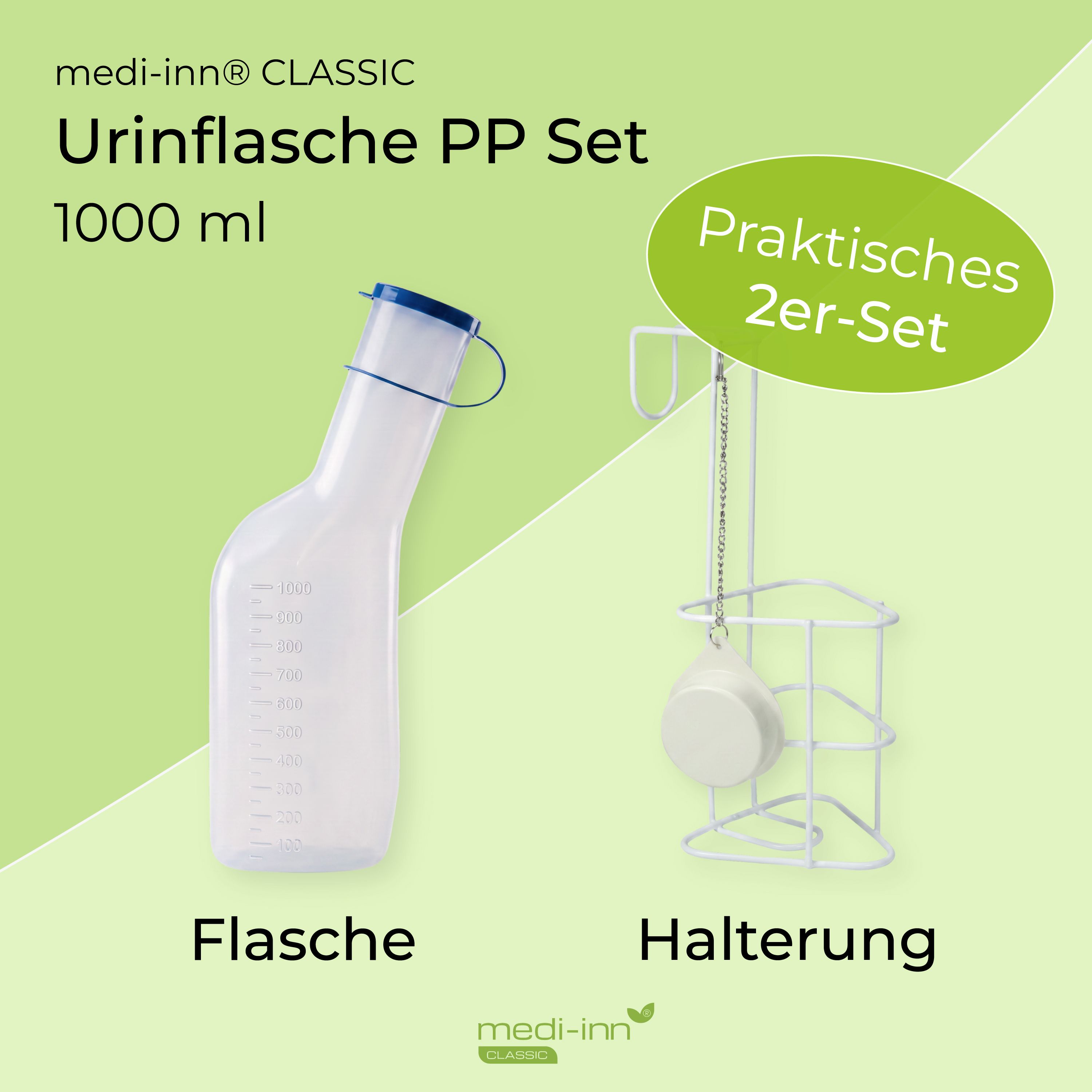 Medi-Inn Urinflasche PP Set 1000 ml mit Halterung, "Praktisches 2er-Set" Aufdruck.