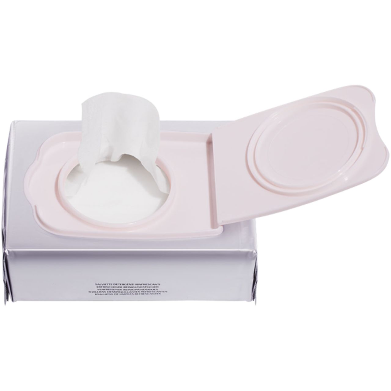 Shiseido Reinigungstücher. Geöffnete Verpackung. Entnahmeöffnung. Text: Refreshing Cleansing Sheets. Logo.