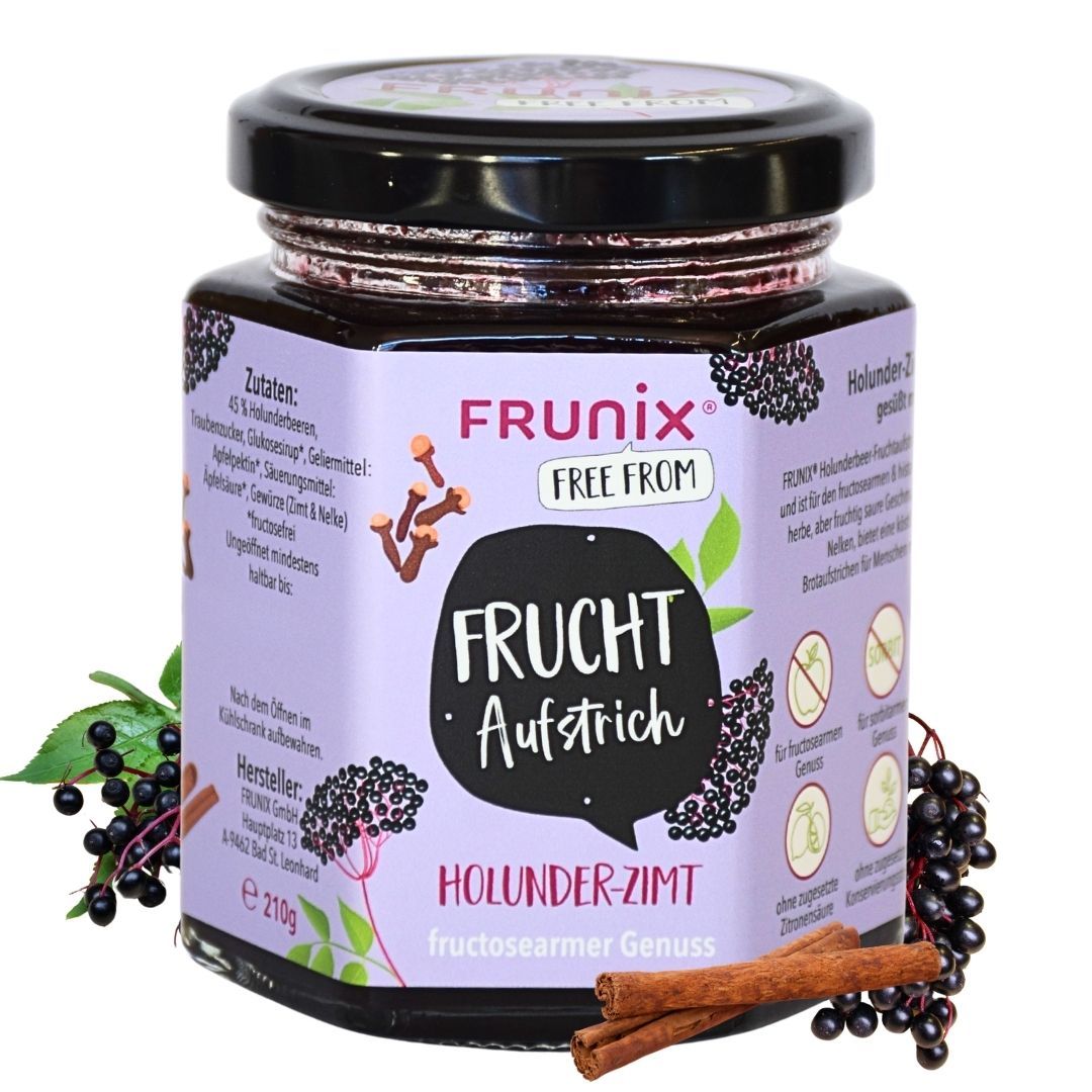 Glas FRUNIX® Holunder-Zimt Fruchtaufstrich. Aufschrift: fructosearmer Genuss. Zutatenliste. Zimtstangen und Holunderbeeren.