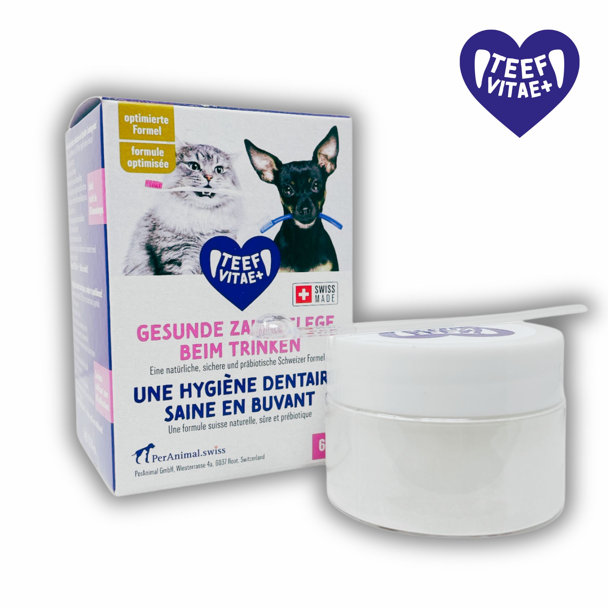 Weiße Dose und Karton mit Produktlogo und Text. Abgebildet sind Katze und Hund. Schweizer Qualität.