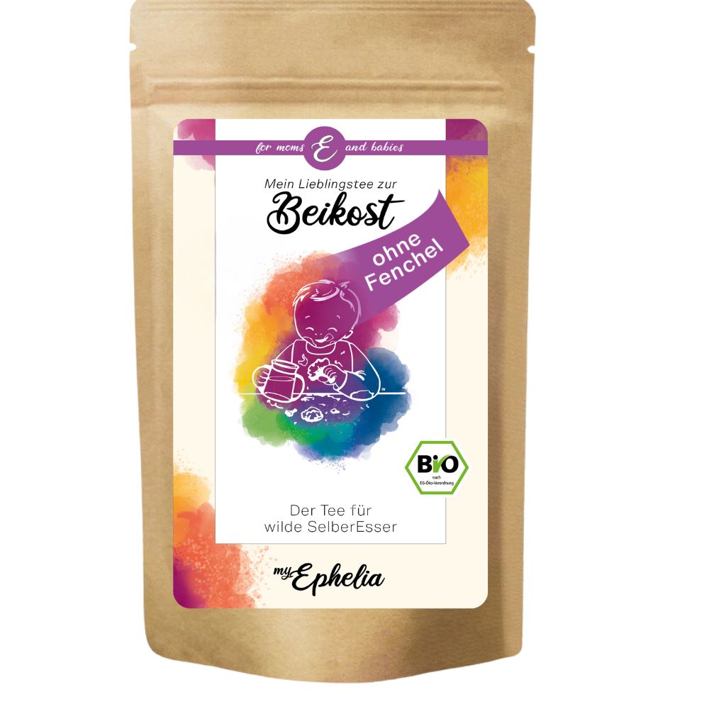 Braune Papierverpackung mit Aufdruck. Etikett mit Text: Mein Lieblingstee zur Beikost, ohne Fenchel. Bio-Siegel.