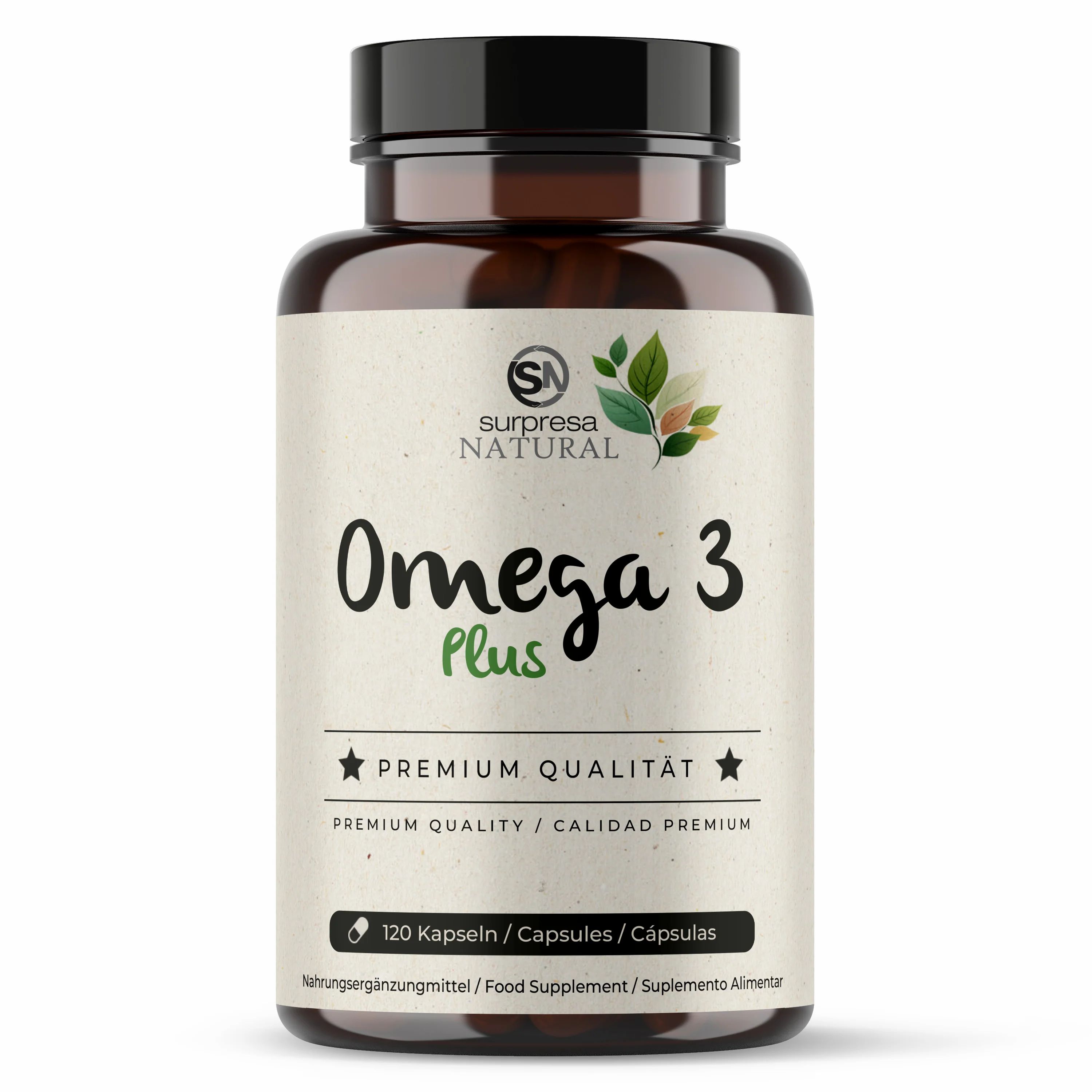 Braune Flasche mit schwarzen Deckel. Aufschrift: Surpresa Natural Omega 3 Plus. Enthält 120 Kapseln. Premium Qualität.