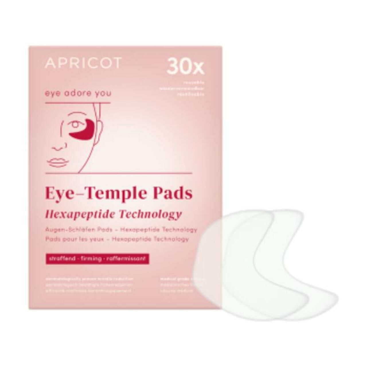 Verpackung mit APRICOT Eye-Temple Pads. 30 Stück. Pads und Verpackung mit Produktinformationen.