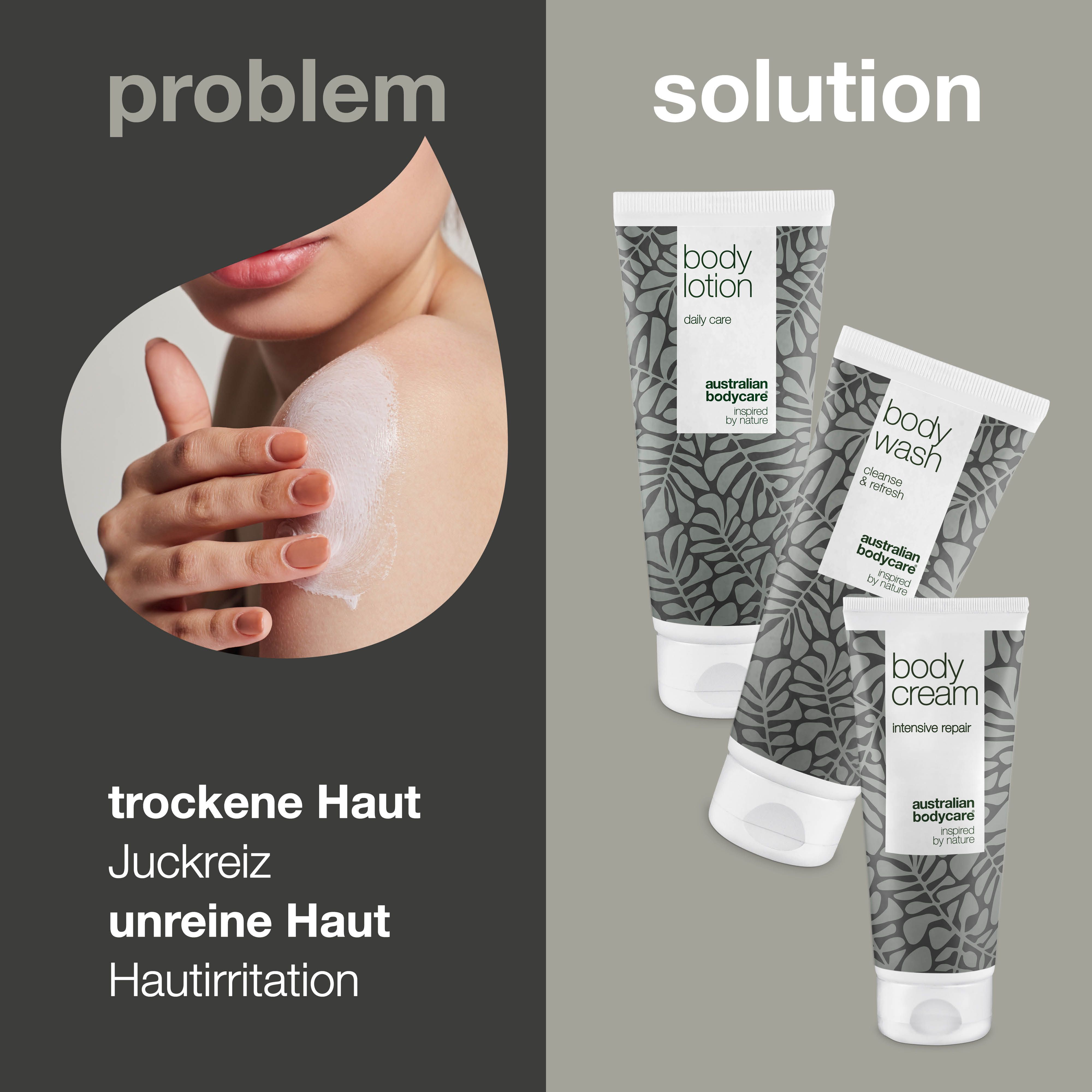Problem/Lösung. Frau berührt Schulter. Produkte: Body Lotion, Body Wash, Body Cream. Text: trockene Haut.