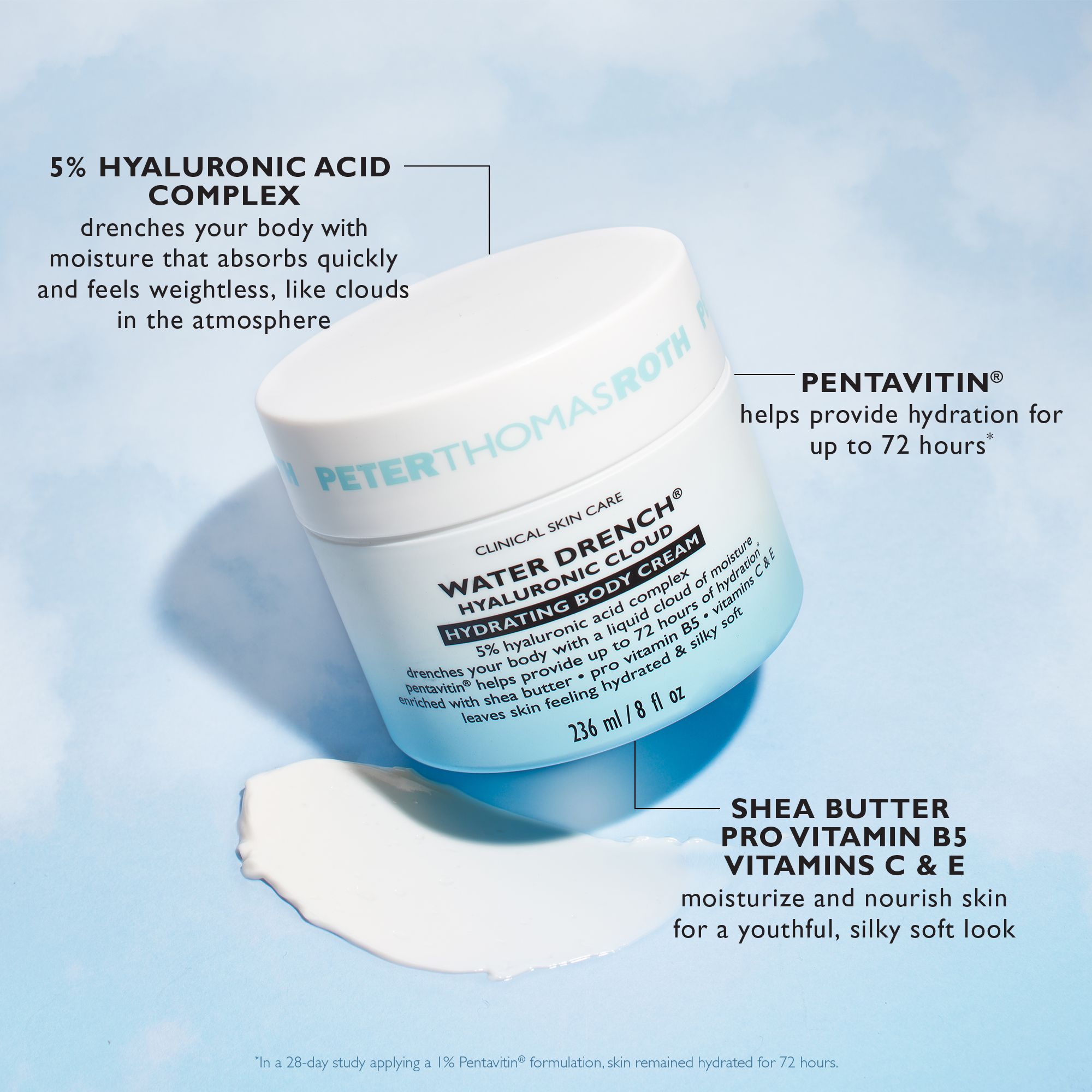 Cremebehälter mit Text. Aufschrift: Water Drench Hyaluronic Cloud Hydrating Body Cream. Text: 5% Hyaluronsäure-Komplex. Hintergrund: Wolken.