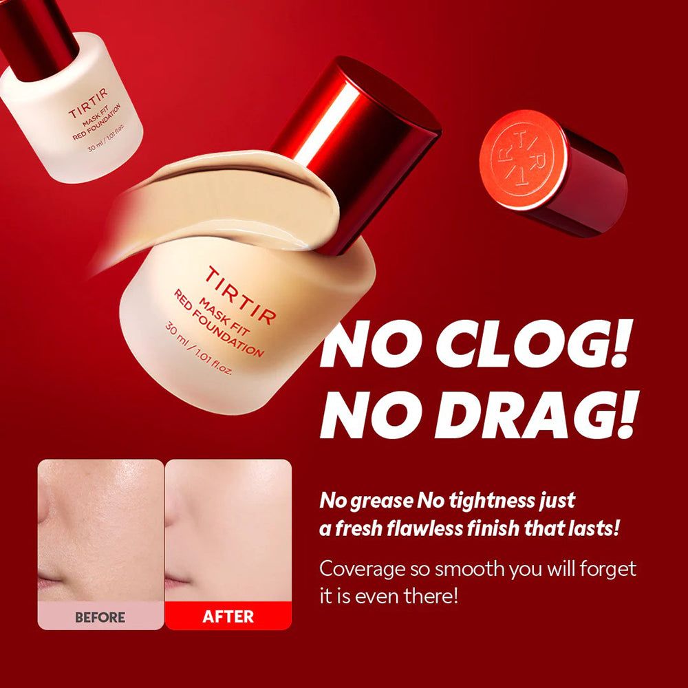TIRTIR Mask Fit Red Foundation Flasche mit rotem Deckel und Foundation-Tropfen.