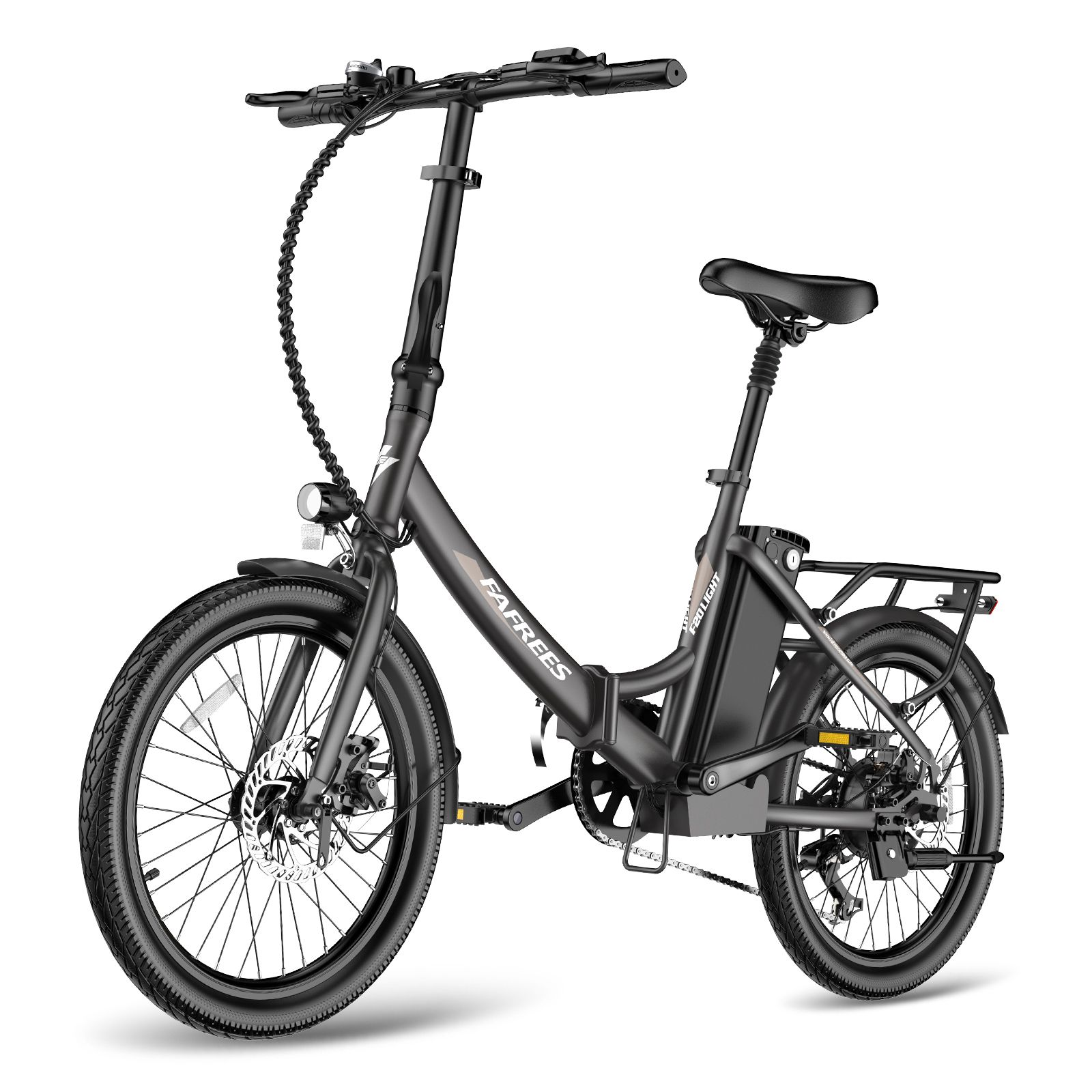 Schwarzes Falt-E-Bike mit Gepäckträger, Scheinwerfer und Akku. Marke FAFREES.