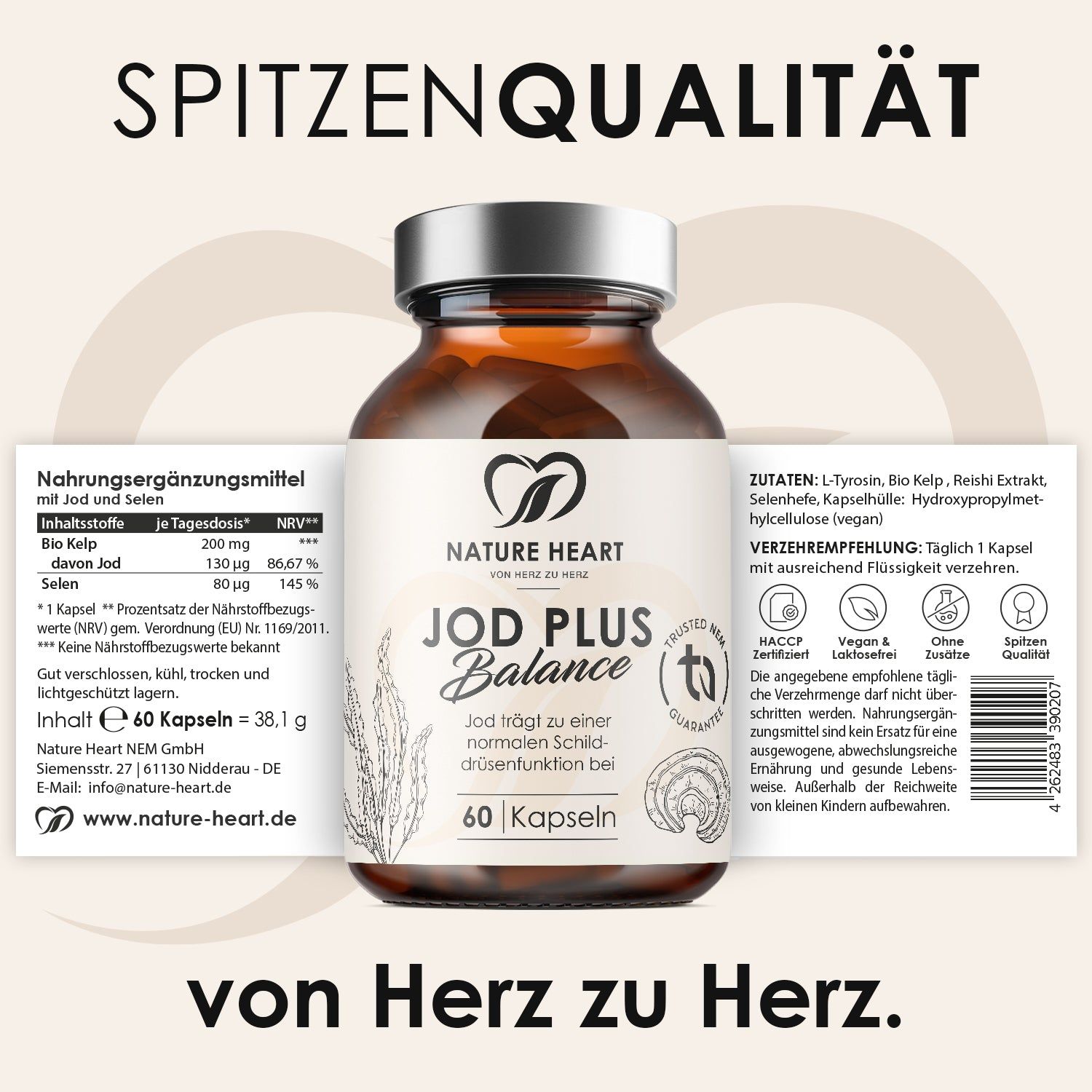 Braune Glasflasche mit Schraubverschluss, gefüllt mit "Nature Heart JOD PLUS BALANCE" Kapseln, 60 Stück.