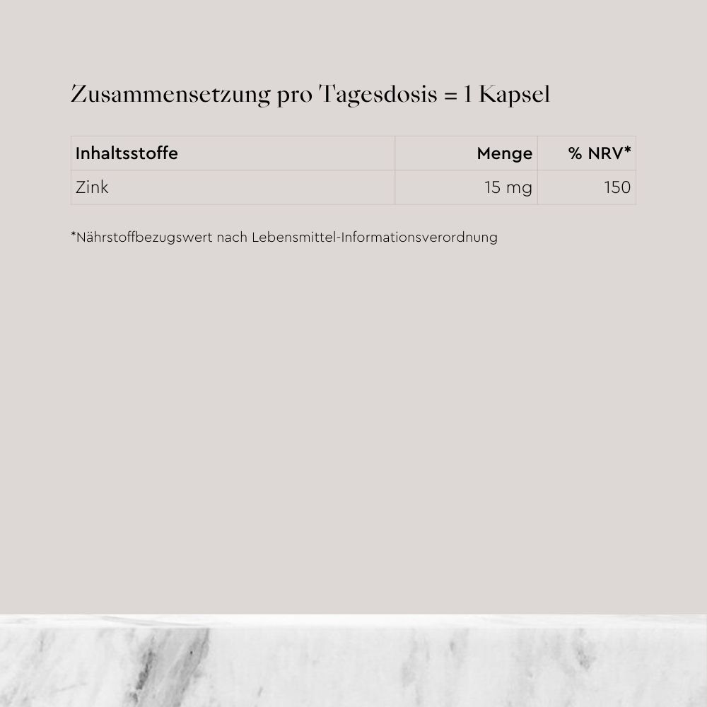 Tabelle mit Nährwertinformationen für Zink-Picolinat. Die Tabelle zeigt "Zusammensetzung pro Tagesdosis = 1 Kapsel". Sie enthält Informationen über Zink, die Menge (15 mg) und den % NRV (150).
