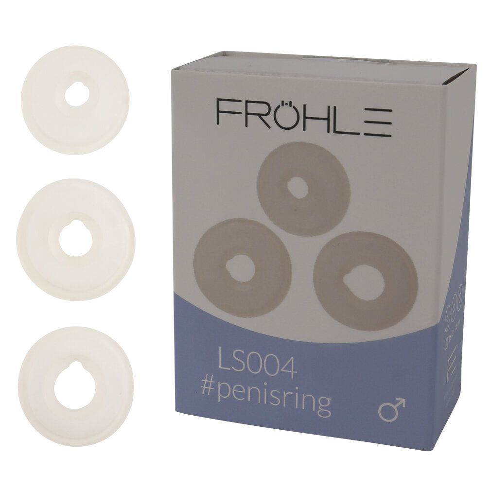 Verpackung und drei weiße Penisringe nebeneinander auf weißem Grund.