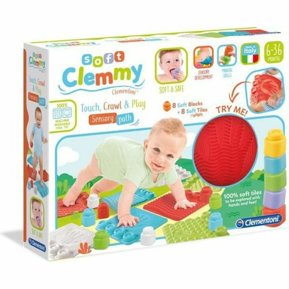 Verpackung des Clementoni Clemmy Sensorik-Spielteppichs mit Babyabbildung und Produktteilen.