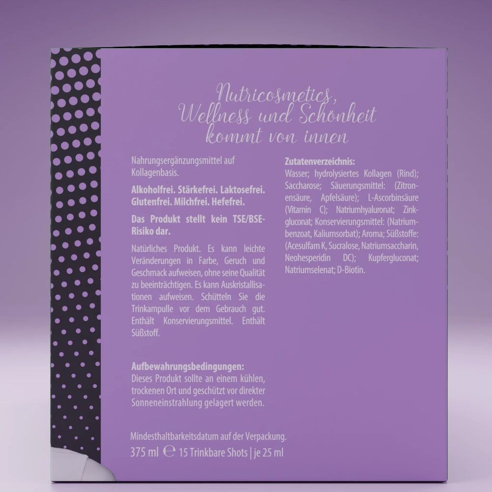 Verpackung von NAVIMESO® Collagen Beauty. Lila Hintergrund mit Text. Enthält 15 Trinkampullen.