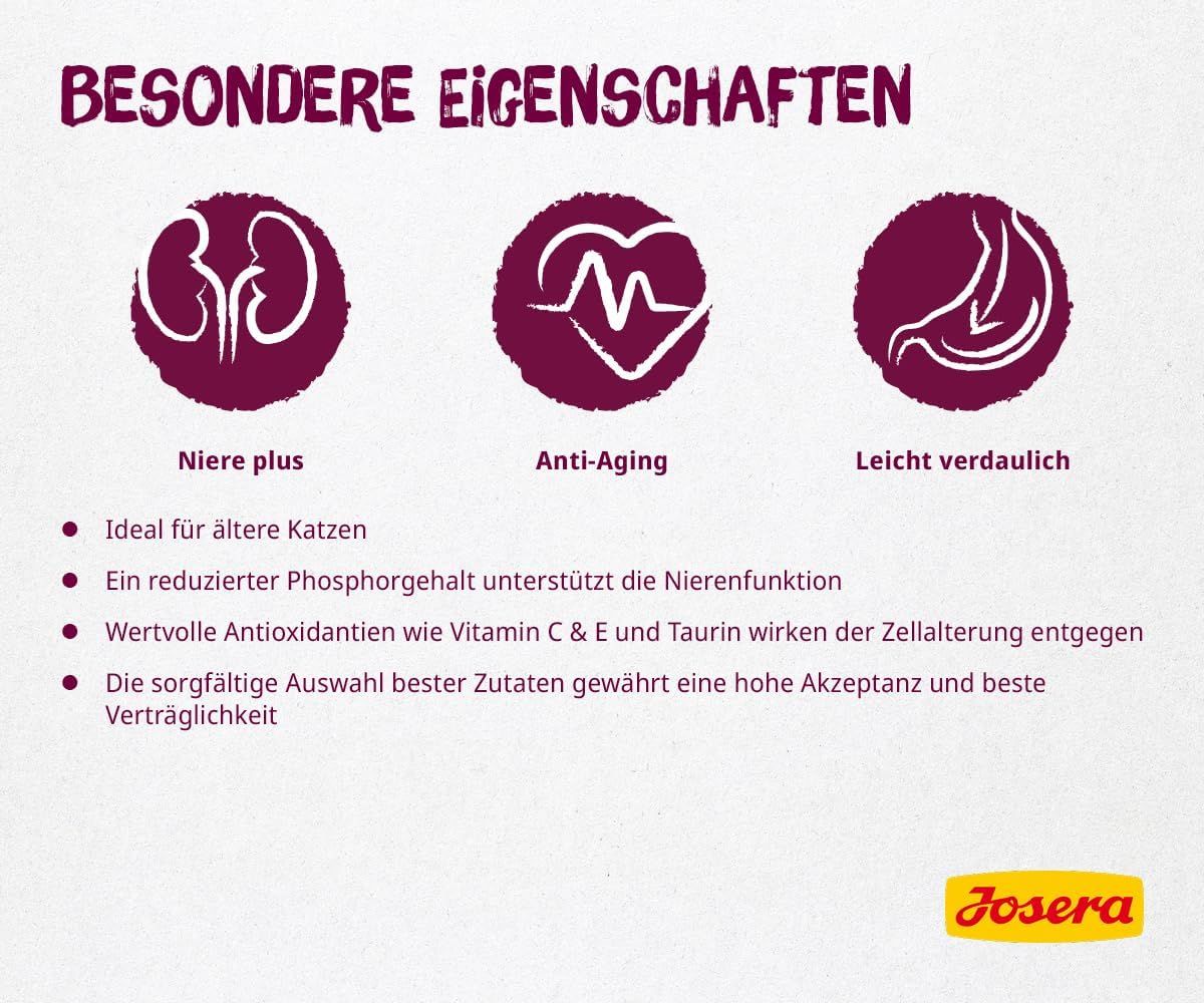 Josera Senior Katze: Nierenfunktion, Anti-Aging und leichte Verdaulichkeit hervorgehoben.