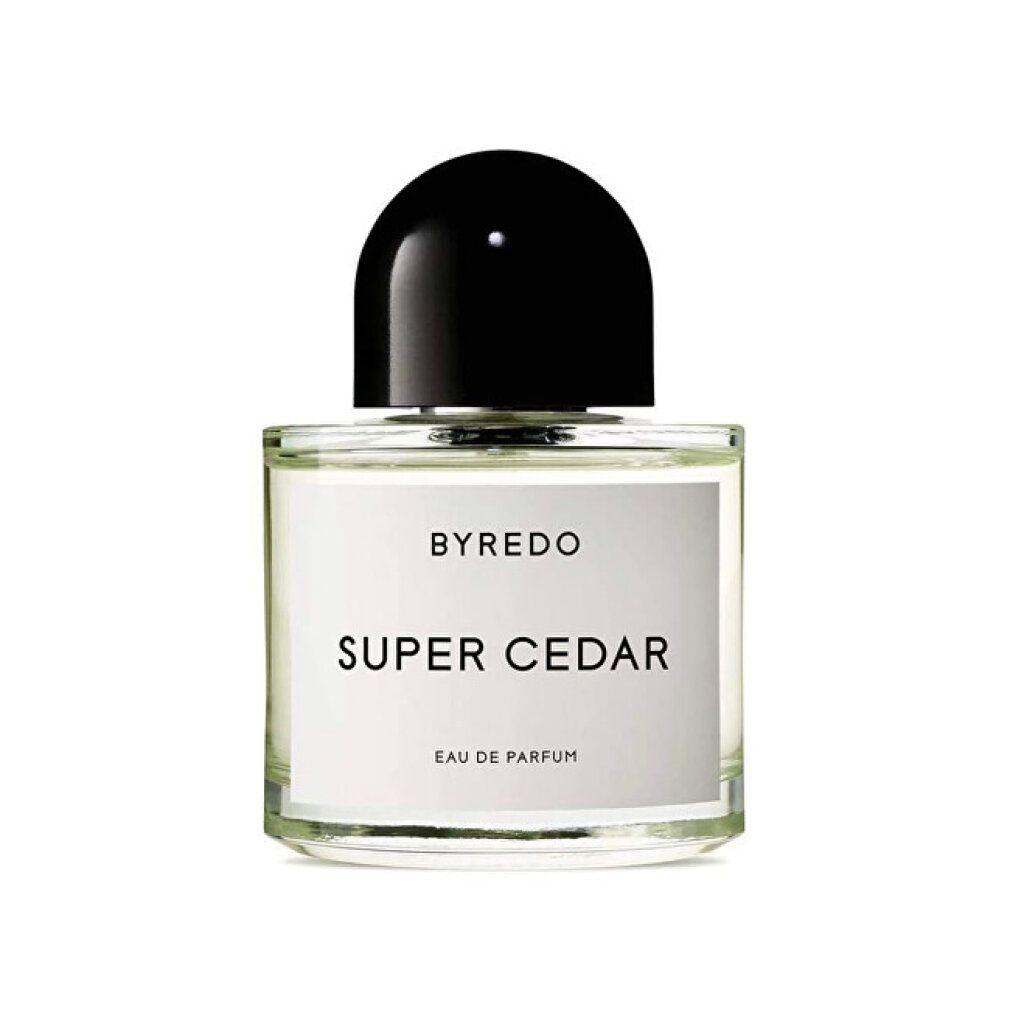 Glasflakon mit schwarzem Verschluss. Weißes Etikett mit "BYREDO SUPER CEDAR" und "EAU DE PARFUM".