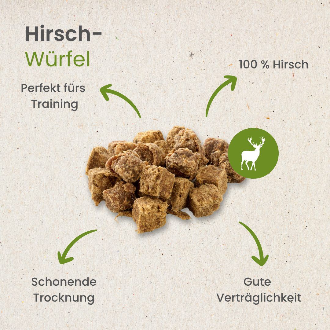 Hirsch-Würfel für Hunde, 100% Hirsch, schonende Trocknung.