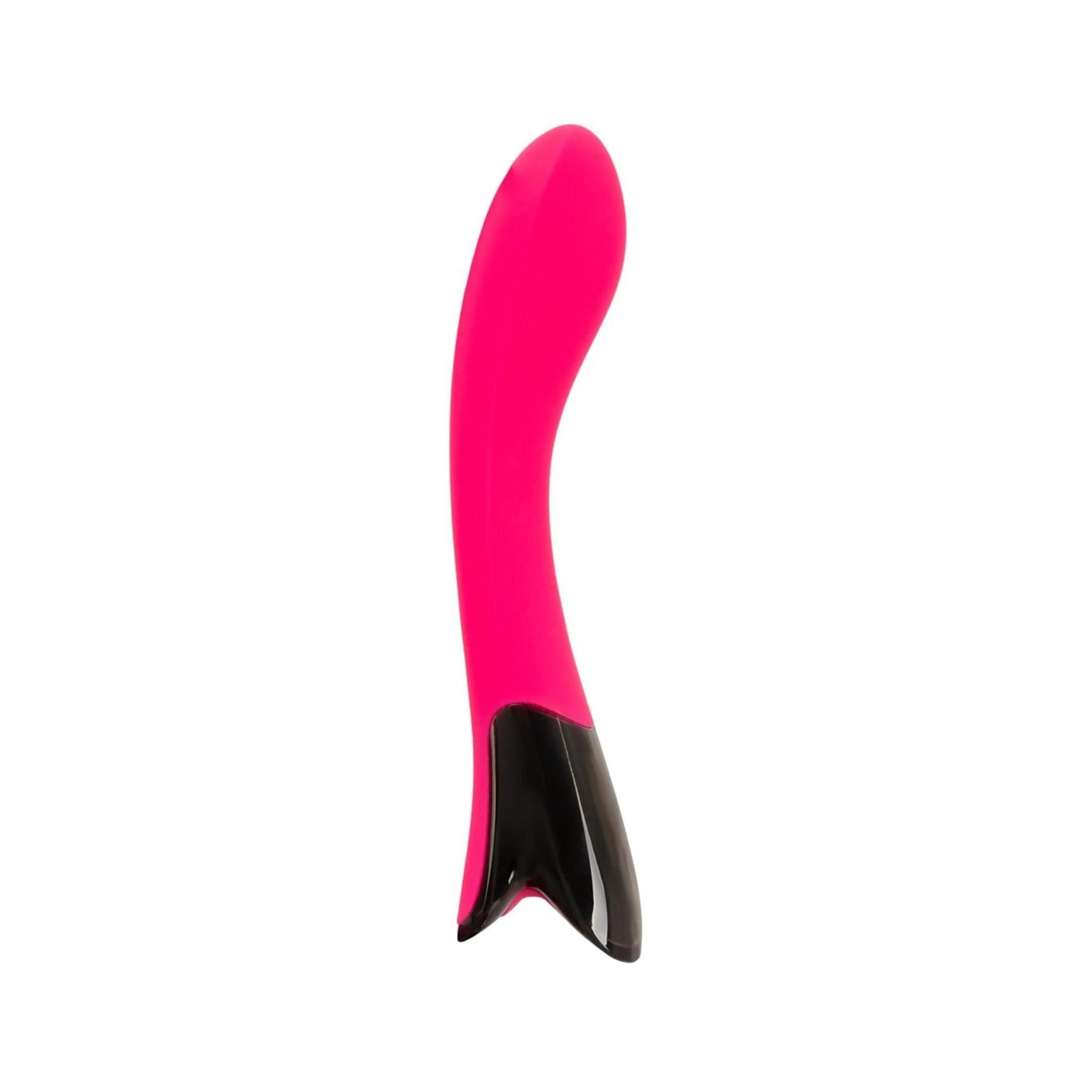 Gebogener pinkfarbener Vibrator mit schwarzem Ende. Auf weißem Hintergrund.
