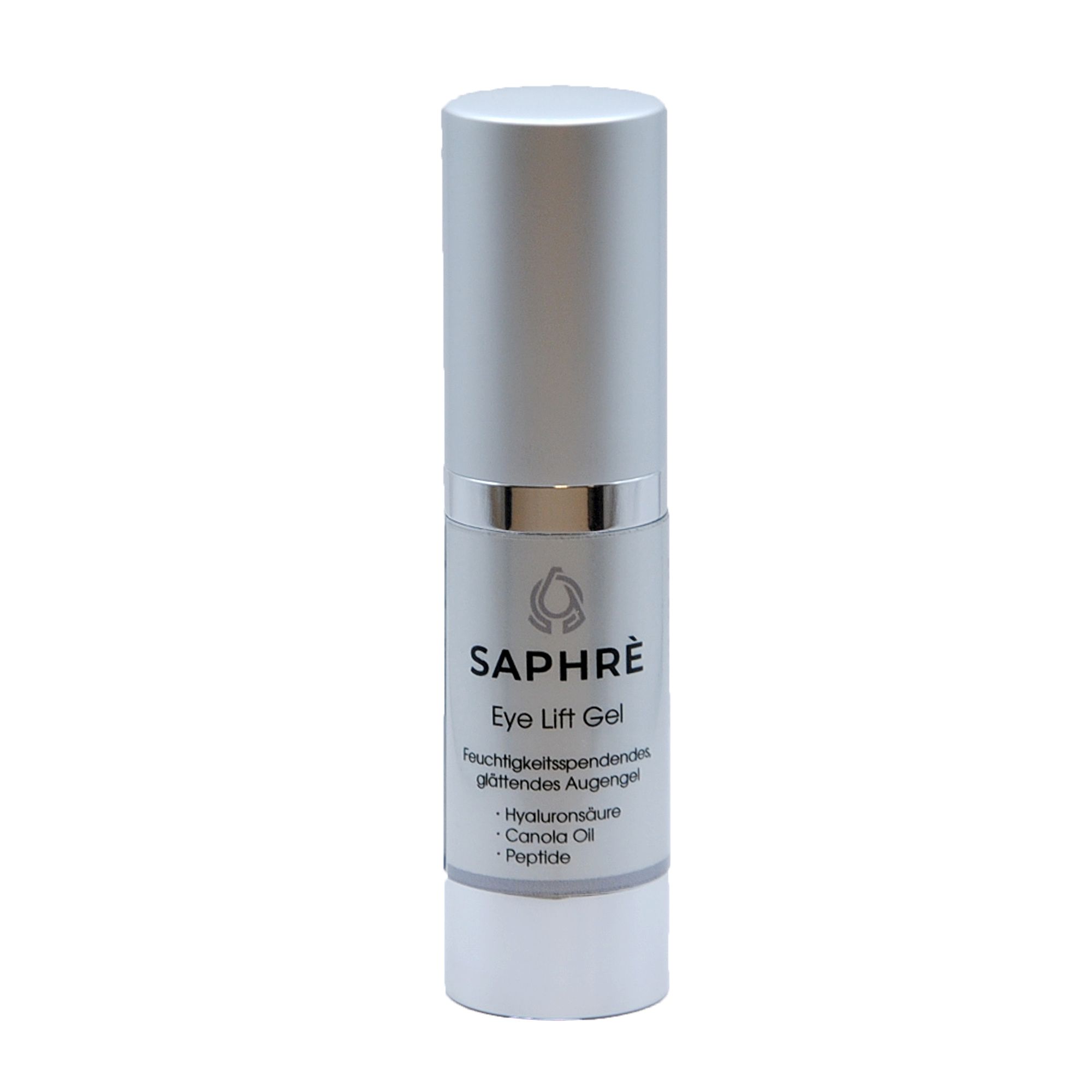 Zylindrische Flasche mit silbernem Deckel. Aufschrift: Saphrè Eye Lift Gel. Text darunter.