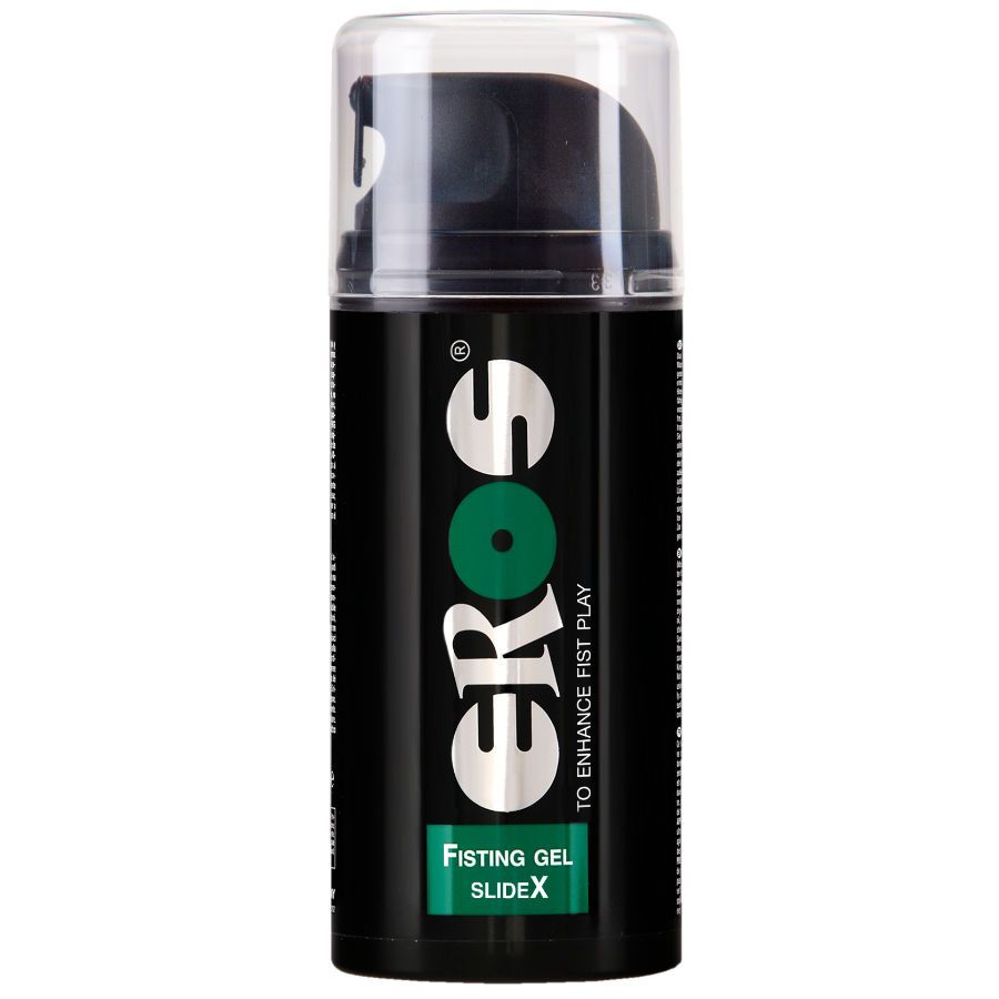 Kompakte Flasche mit schwarzem Deckel und transparentem Verschluss. Aufschrift: EROS, Fisting Gel, SlideX.
