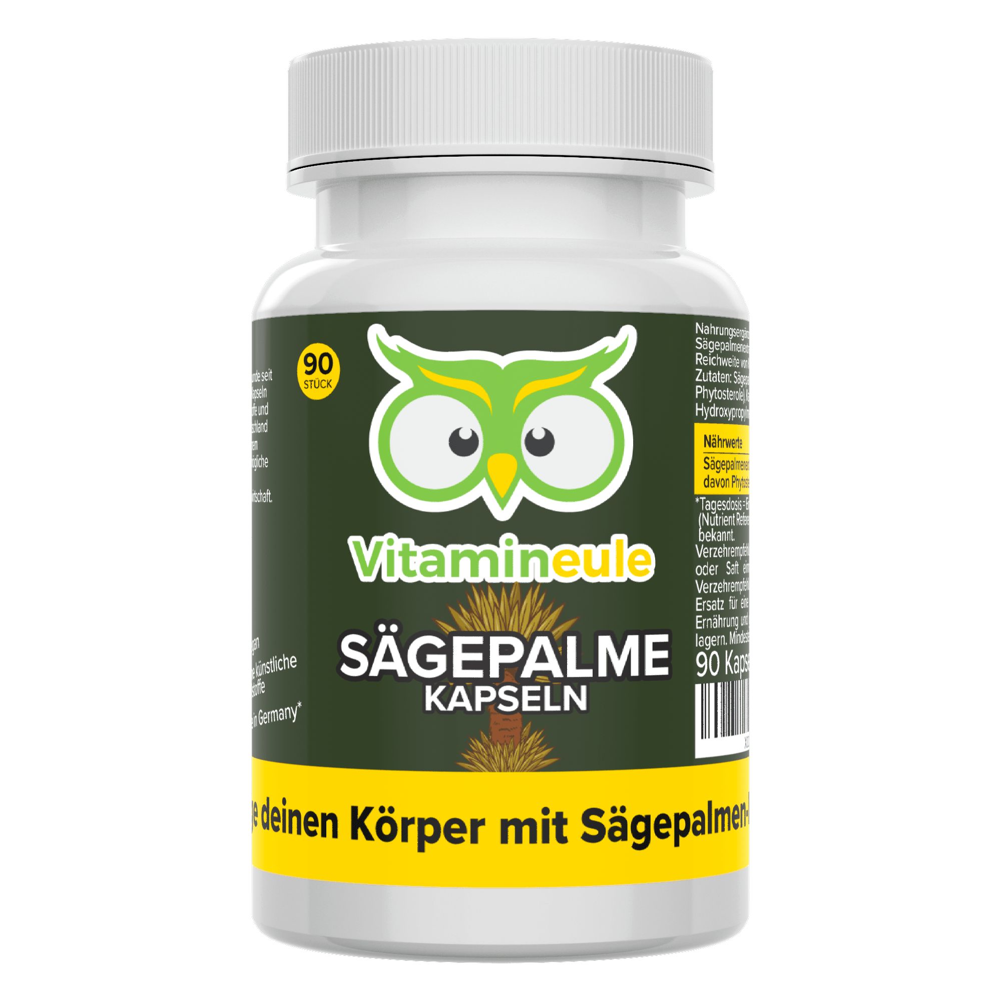 Weißes Pillenbehälter mit grünem Etikett. Text: Vitamineule, Sägepalme Kapseln, 90 Stück.