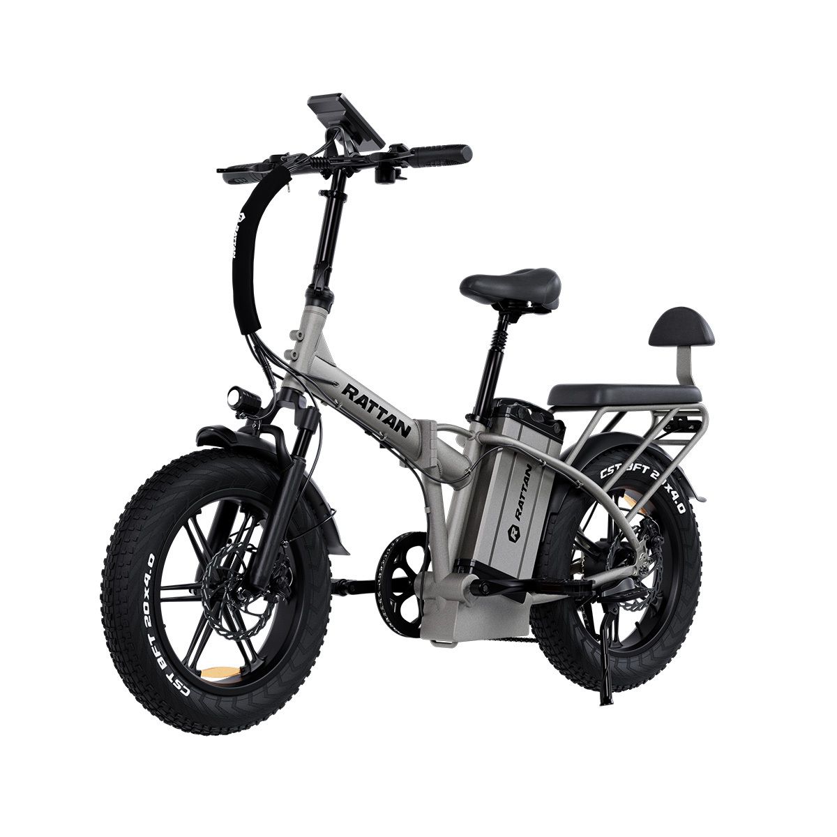 Graues, zusammenklappbares E-Bike. Schwarze Reifen, Sattel und Lenker. Batterie mit RATTAN-Logo. Gepäckträger.