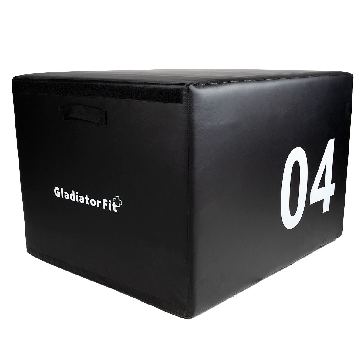 Schwarze, quadratische Schaumstoff-Sprungbox mit Griff und weißer "04". Marke: GladiatorFit.