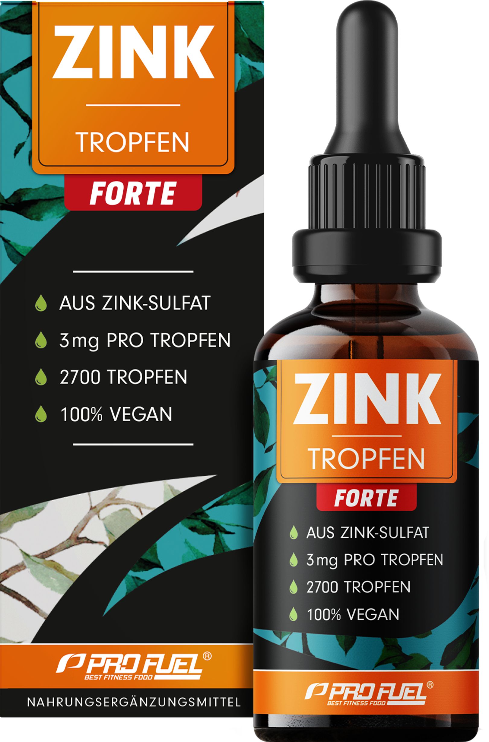 Braune Flasche mit Tropfer und Verpackung. Aufschrift: ZINK Tropfen Forte. Enthält Zinksulfat, 3mg pro Tropfen, 2700 Tropfen, 100% vegan.