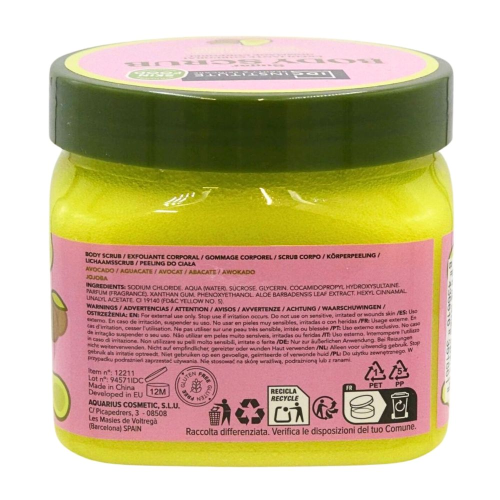 Rückansicht des Körperpeeling-Behälters. Rosa Etikett mit Text und Symbolen. Text: IDC Institute, Inhaltsstoffe, Warnhinweise, 470g.