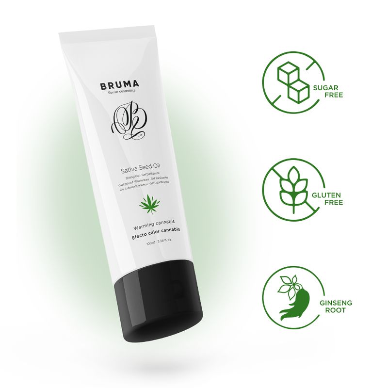 Weiße Tube mit schwarzem Deckel, Sativa Seed Oil Aufschrift, Cannabisblatt-Symbol, "warming cannabis" und Icons für "sugar free", "gluten free", "ginseng root".