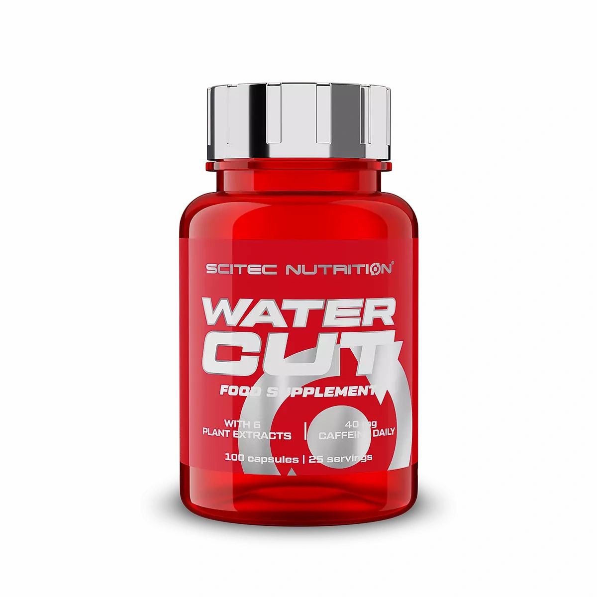 Rote Flasche mit silbernem Deckel. Aufschrift: Scitec Nutrition, Water Cut, Food Supplement. Enthält 100 Kapseln.