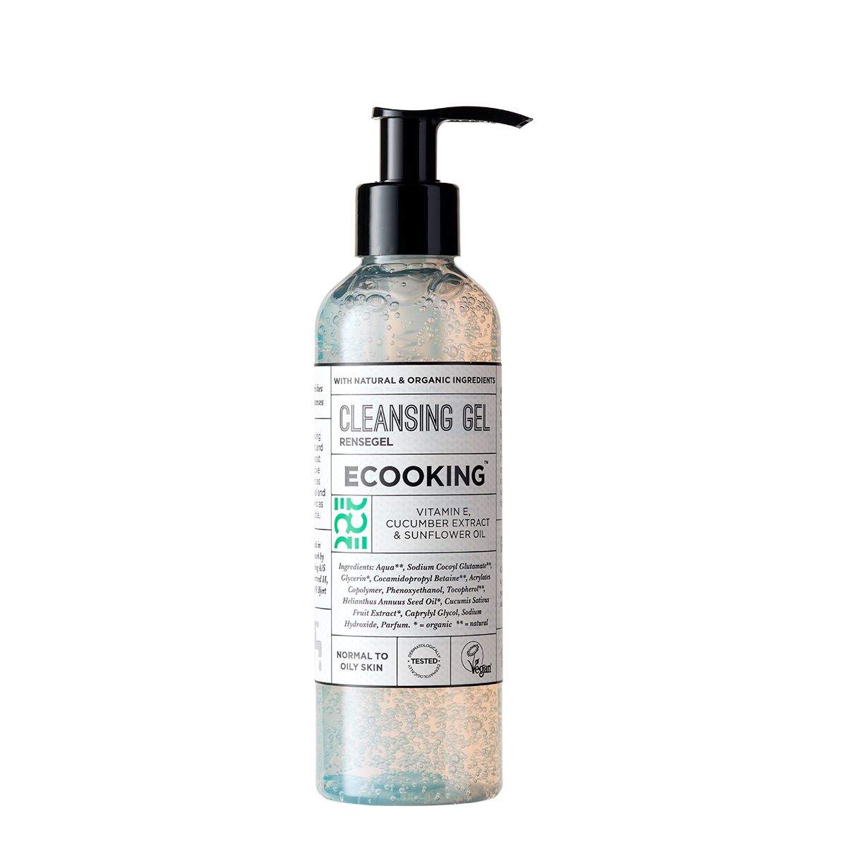 Reinigungsgel-Flasche mit schwarzem Pumpverschluss. Aufschrift: Ecooking, Cleansing Gel, Vitamin E, Gurkenextrakt & Sonnenblumenöl. Vegan-Siegel.