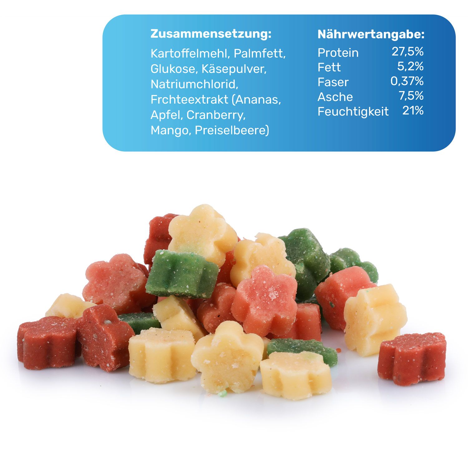 Haufen mehrfarbiger, blütenförmiger Hundesnacks. Daneben eine Tabelle mit Inhalts- und Nährwertangaben. Farben: rot, gelb und grün.