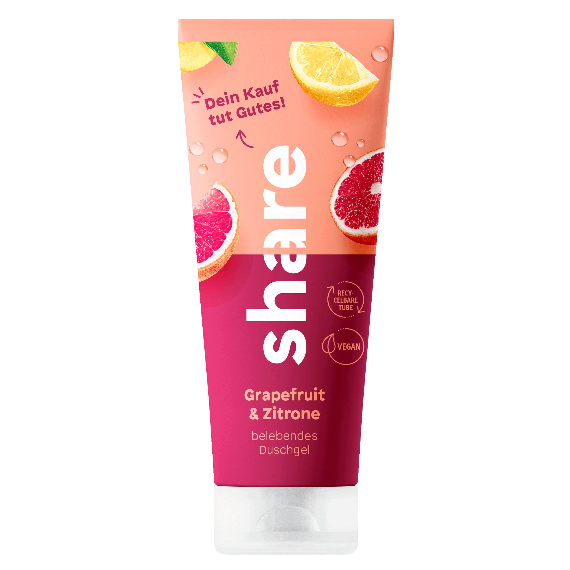 Tube Duschgel mit Grapefruit & Zitrone. Rosa-weißes Design mit Fruchtillustrationen. Vegan-Siegel und recycelbare Tube.