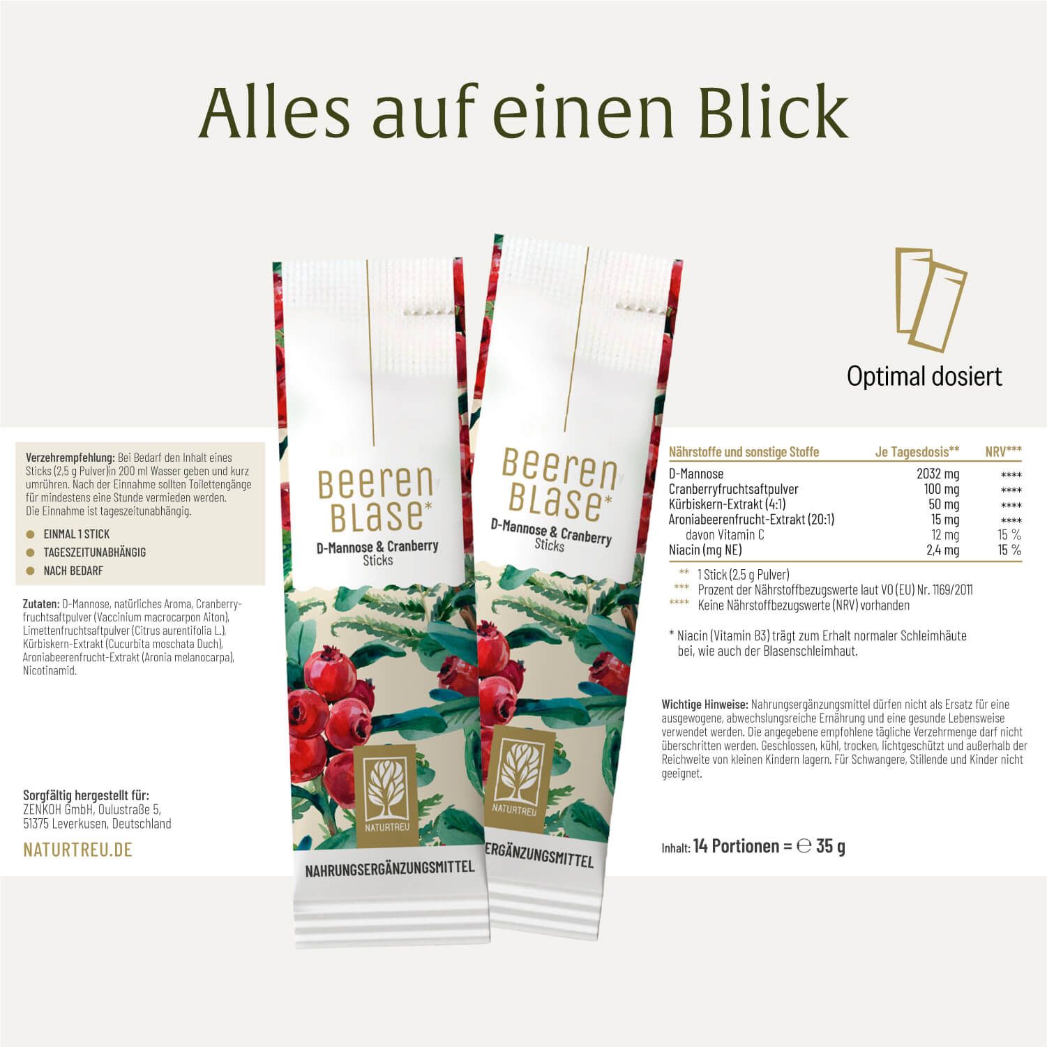 Zwei Beeren Blase D-Mannose & Cranberry Sticks mit Cranberry-Motiv. Enthält Nährwertangaben und Dosierungshinweise.