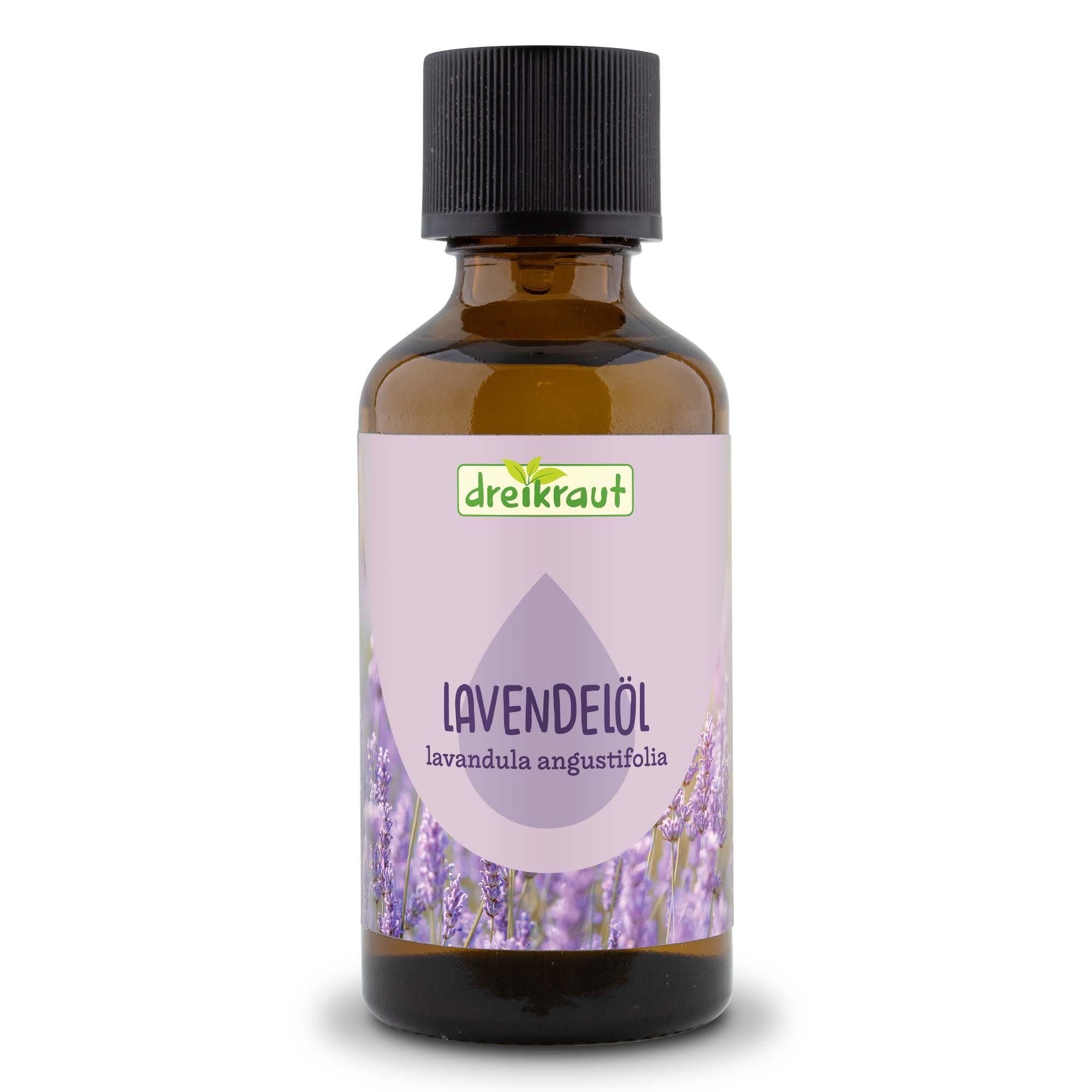 Braune Glasflasche mit schwarzem Deckel. Etikett mit "dreikraut"-Logo, Lavendelöl-Schriftzug und Lavendel-Illustration.