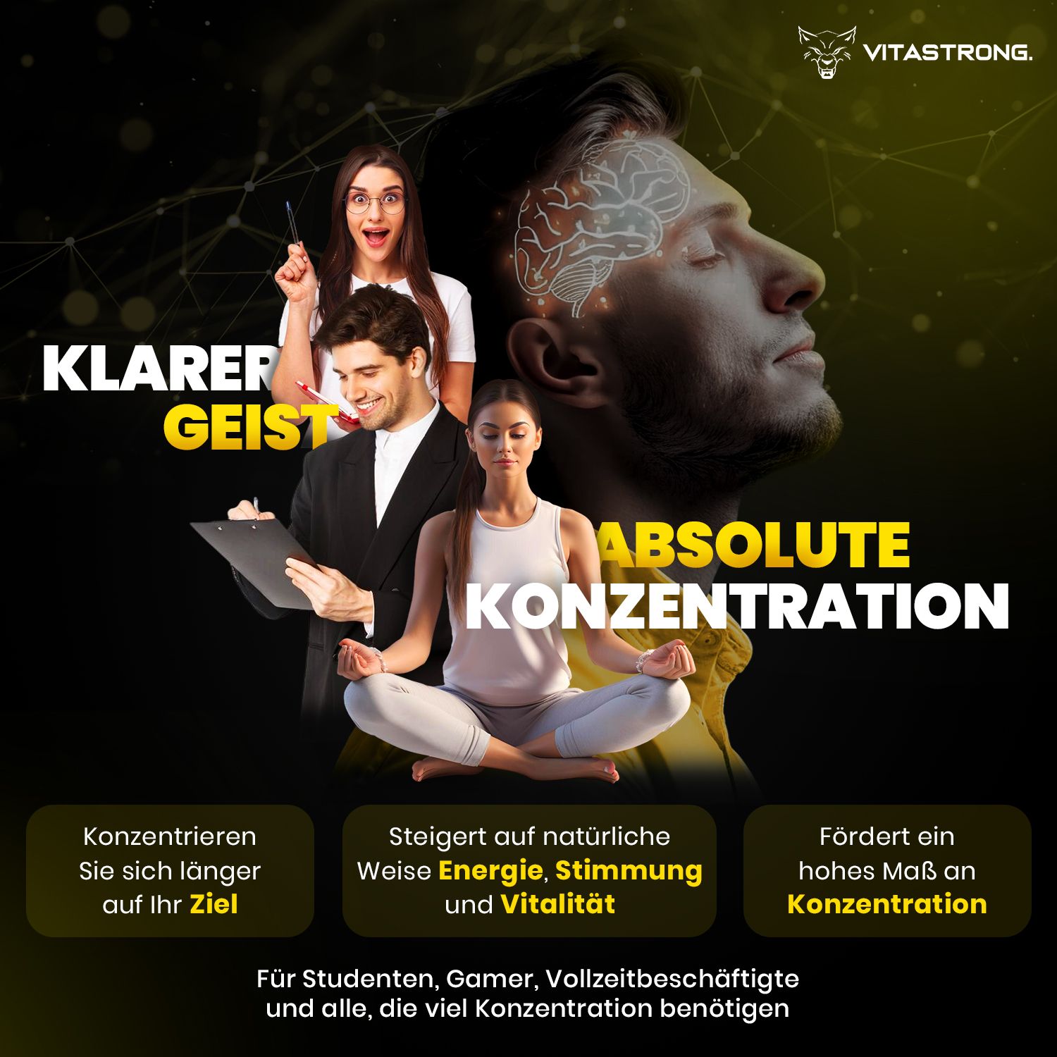 Drei Personen vor gelbem Hintergrund. Text: Klare Geist, Absolute Konzentration. Produktflasche nicht sichtbar.