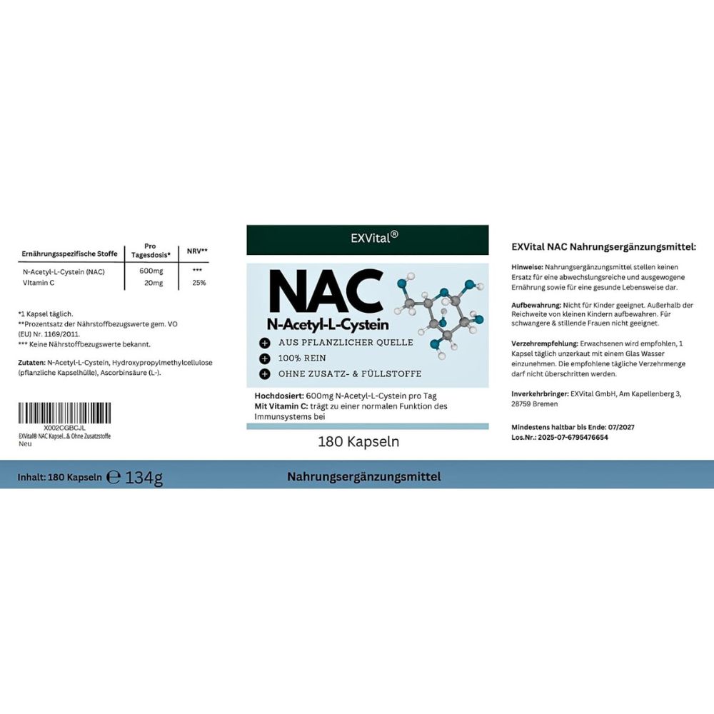 Weiße Verpackung mit EXVital Logo. NAC, N-Acetyl-L-Cystein, aus pflanzlicher Quelle, 100% rein, ohne Zusatzstoffe. 180 Kapseln.